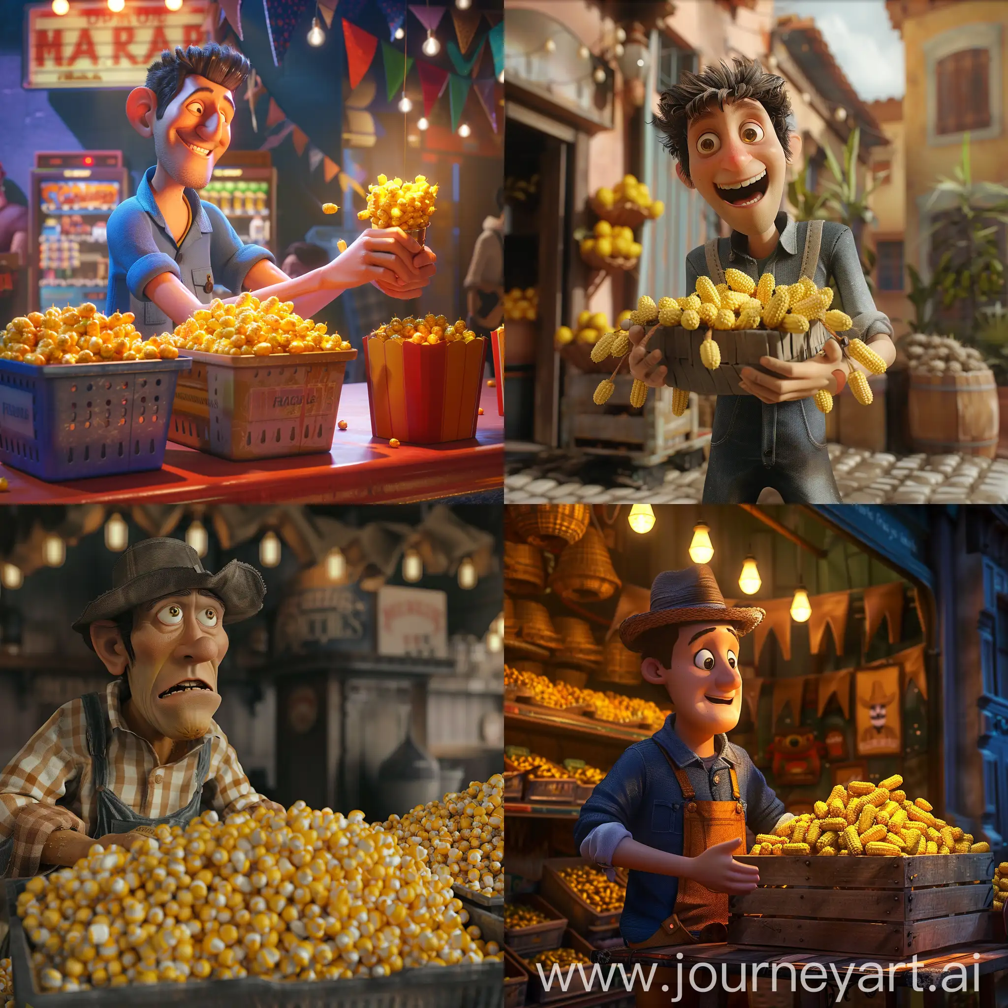 A man sells corn at the cinema :: 3D animation