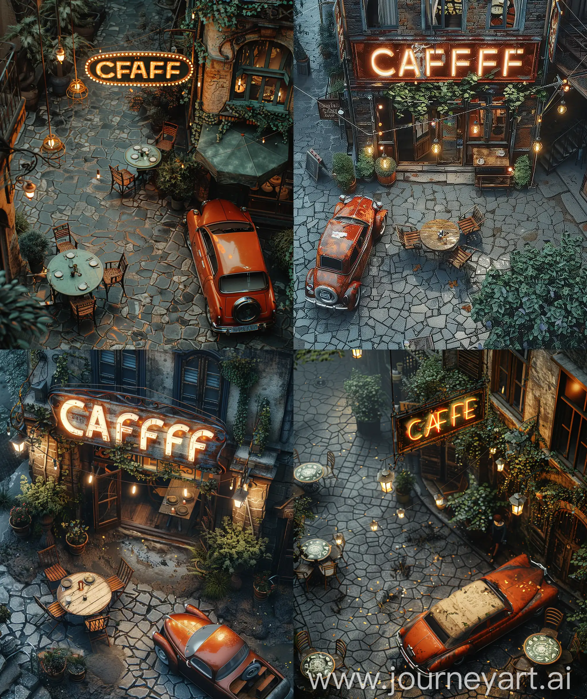 Anime scenary, illustration, aerial view of cafe market place, hanging cafe sign board, vintage style, old cafe , outside table and chair,day time, hanging lights, hanging ivy, stone pavement, red orange ambassador car, ultra HD, high quality resolution, no blurry image, no hyperrealistic --ar 27:32 --s 400