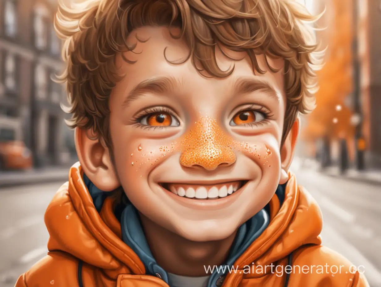 optimistic boy pimple on nose smile orange coat