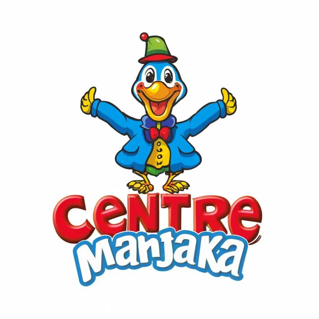 logo, clown dodo bird wearing a blue jacket with red button, one red shoe, and one green shoe, with the text "Centre Manjaka", typography, be used in Entertainment industry