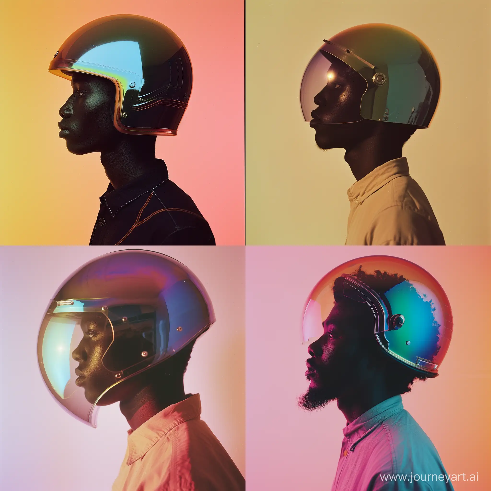 black young men profile with a plexiglass gradient helmet vintage style from cosmos kodak photo natural light