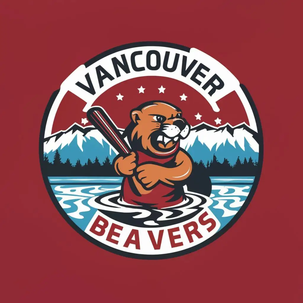 logo, cute beaver in water with a baseball bat, primary colour red, mountains in background, with the text "Vancouver Beavers", typography, be used in Sports Fitness industry
