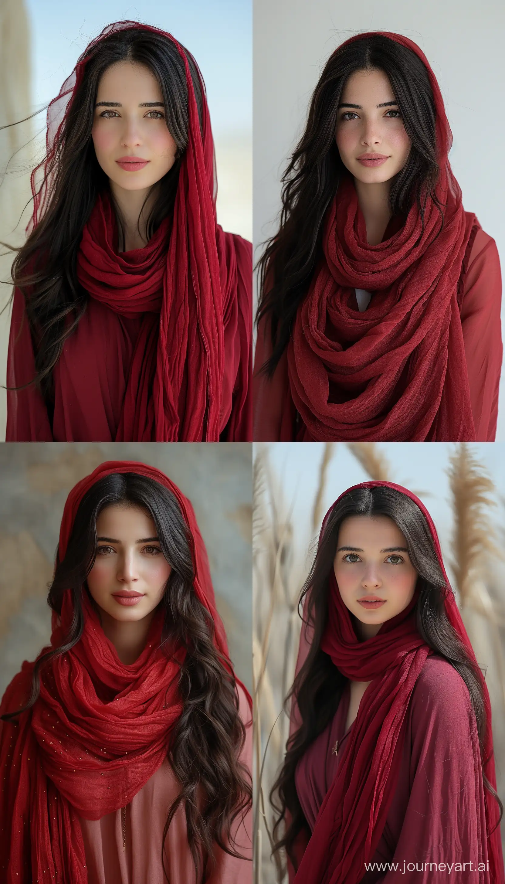a realistic photo of a [iranian 26 year old woman], with [long, wavy, dark hair], looks like [Dakota Johnson] and [Felicity Jones], wearing hijab dress standing, red scarf, light makeup, looking [innocent, cute, flushed], white background, high quality photography, full shot --ar 4:7 --stylize 750 --v 6