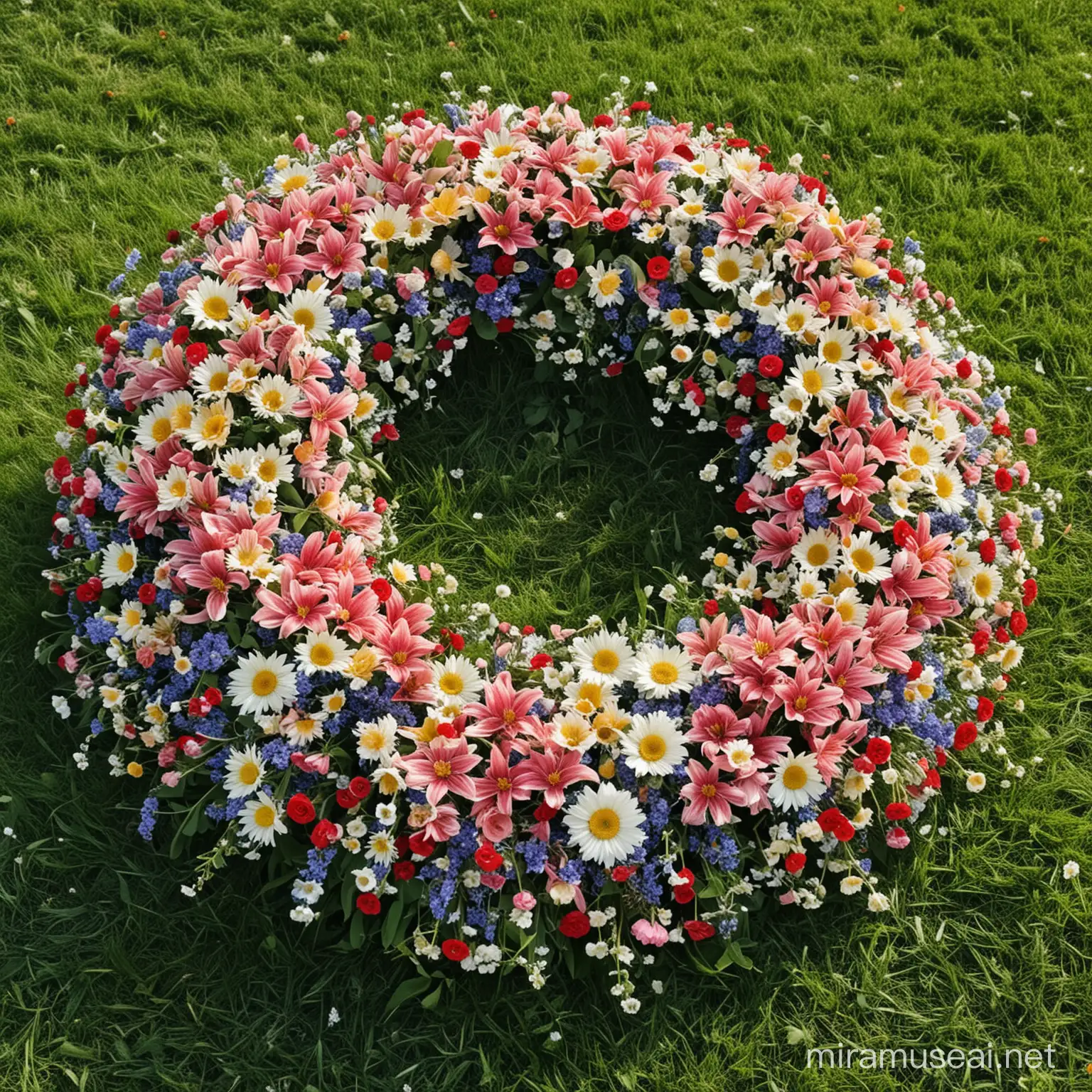 Meadow full of flowers, in the middle lies a large funeral wreath