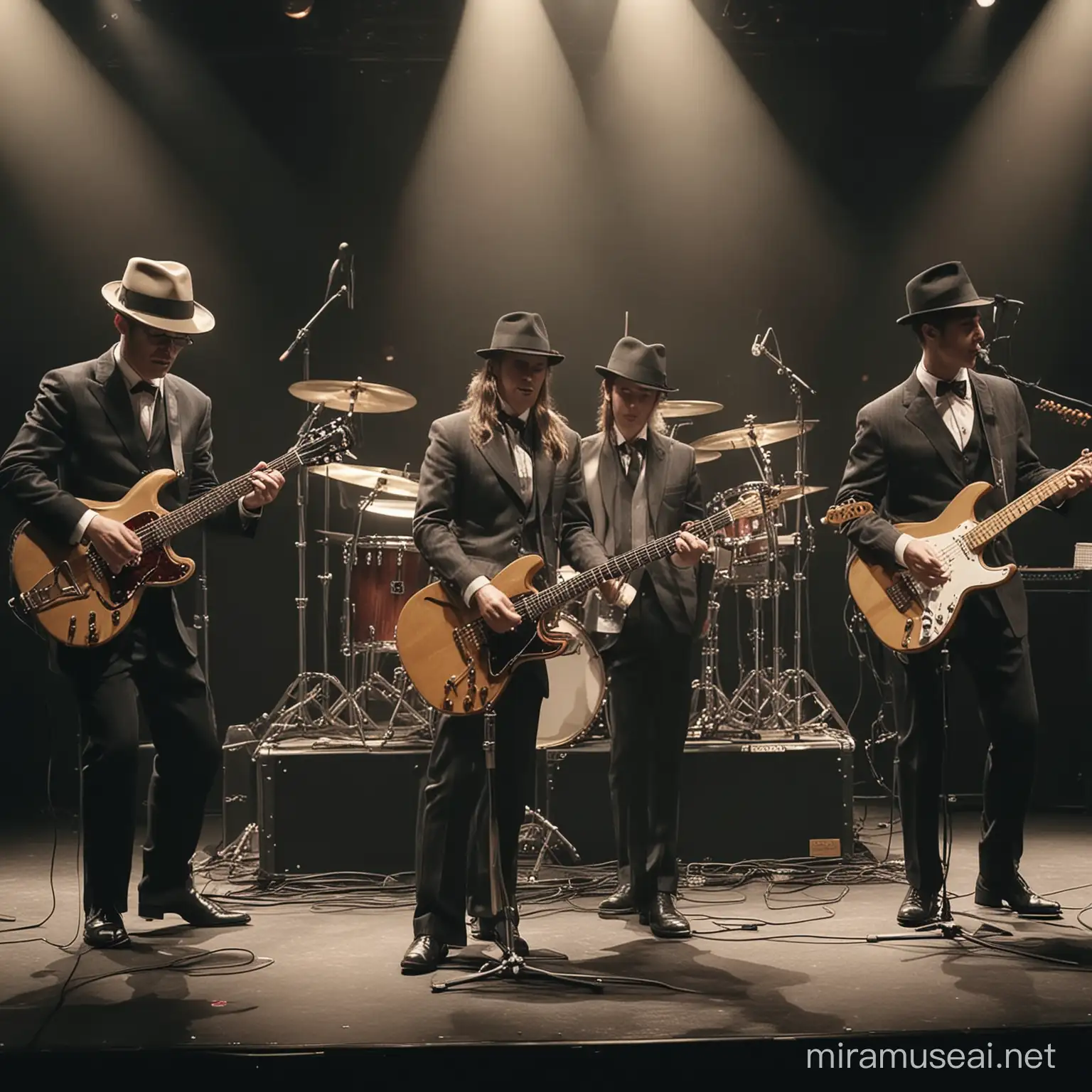 4 people old school, wearing fedora hat,  playing musical instruments guitar, drums, bass, piano surround the vocalist,close up, full body detiles from head to foot on the stage