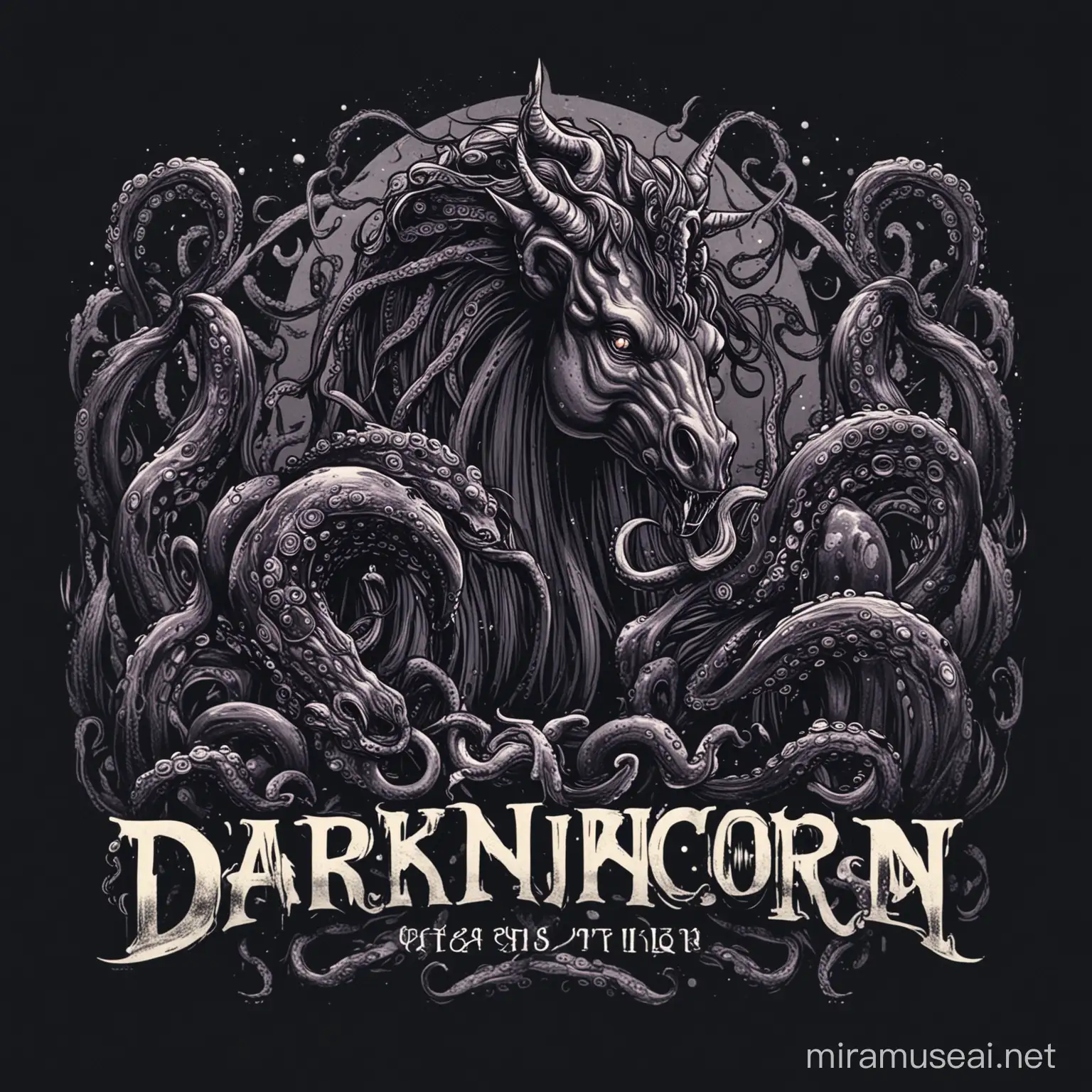 Logo of dark 
unicorn with giant octopus
