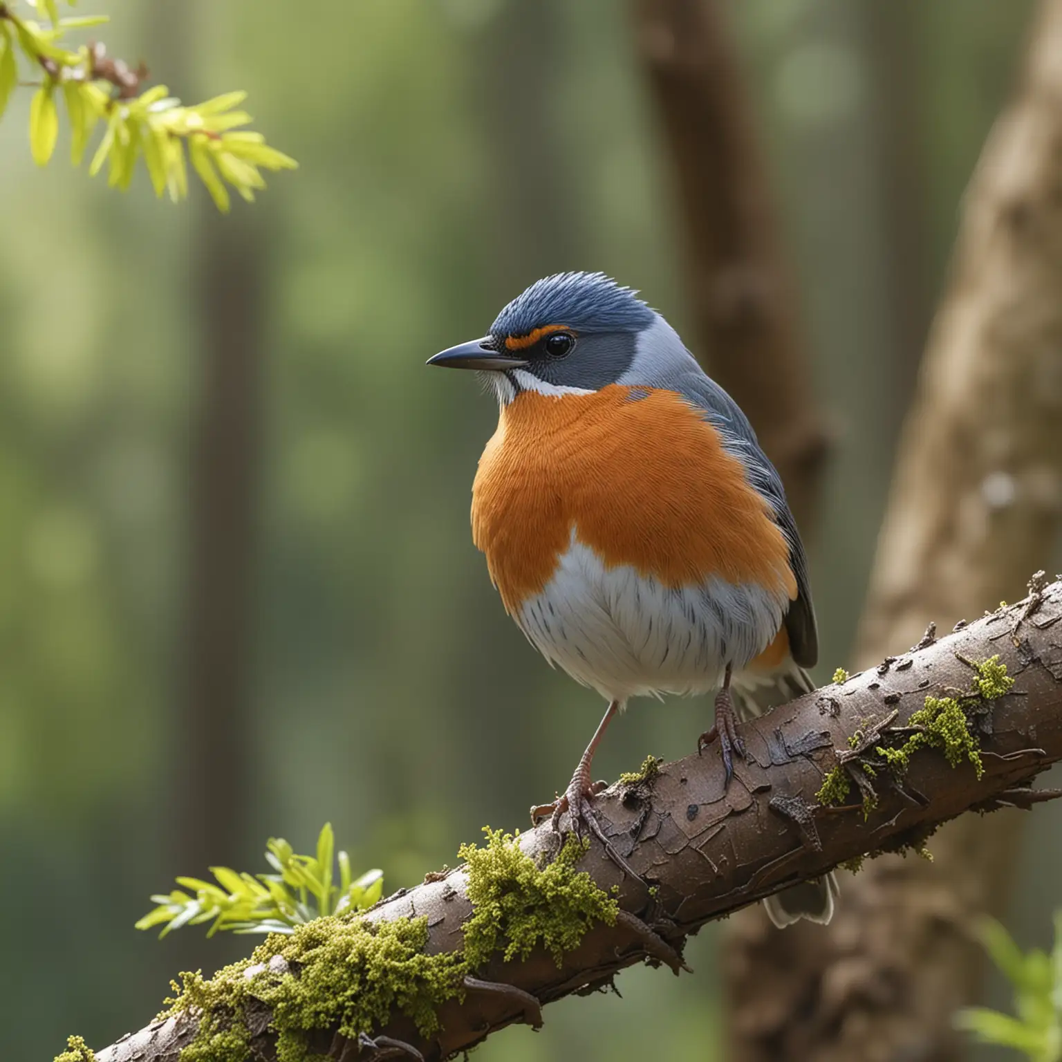 Tavasz van, és egy gyönyörű és ritka nemzeti kincses madár pózol az erdőben, a 3D sztereoszkópikus hatás fokozza a madár megjelenését, miközben a természetes színek élénken jelennek meg, az előtér elmosódott, hogy kiemelje a madár részletességét, fotó, HD 8k felbontás, --ar 1:1 --v 5