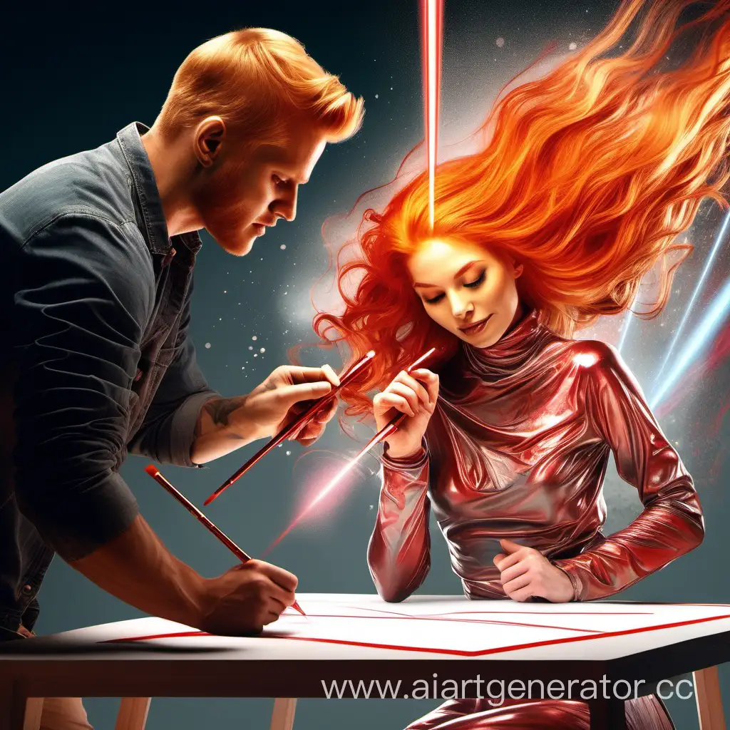 A blond man with an artistic brush draws a beautiful red-haired girl in the air with a laser