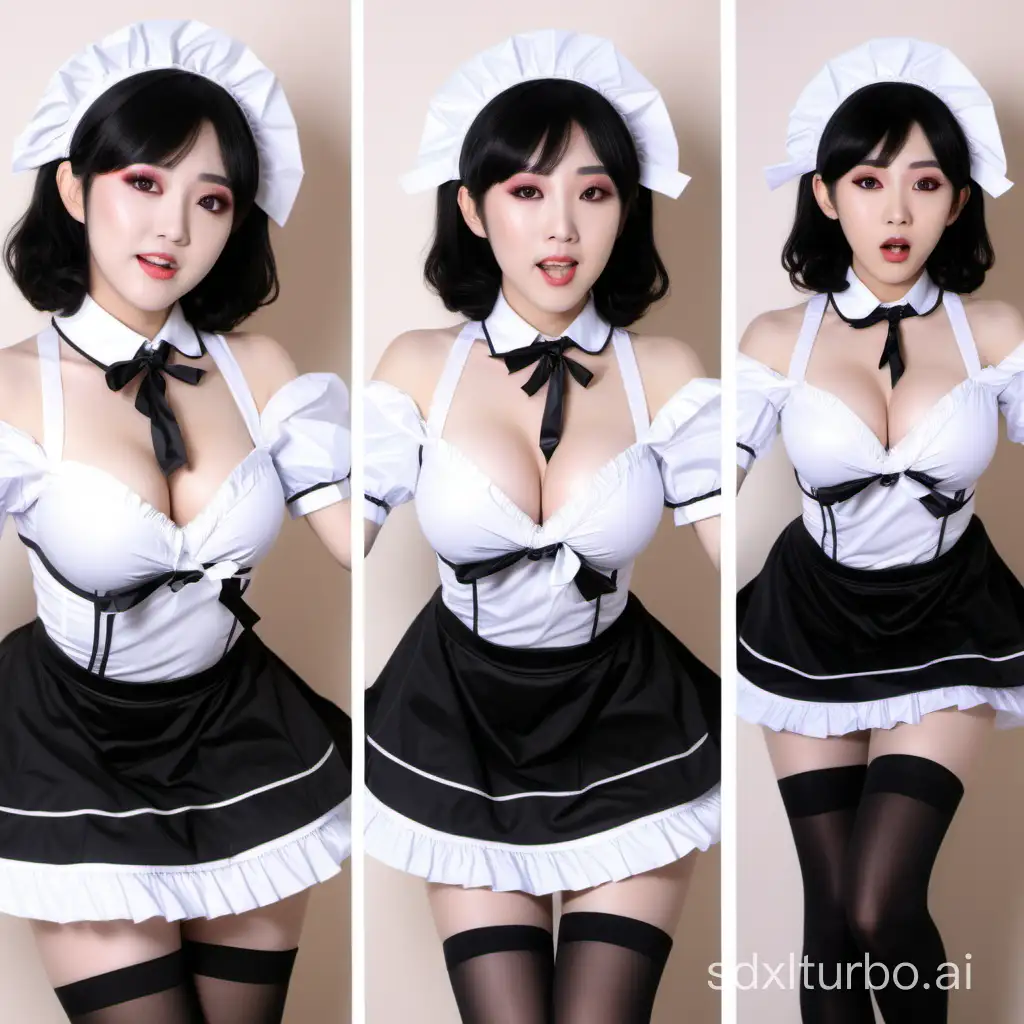 Summer Xiaobai, the crossdressing expert, wearing a D-cup breast prosthesis, wig, makeup, black stockings, short skirt, maid outfit, revealing half of the chest while partially undressing (two images from multiple angles).