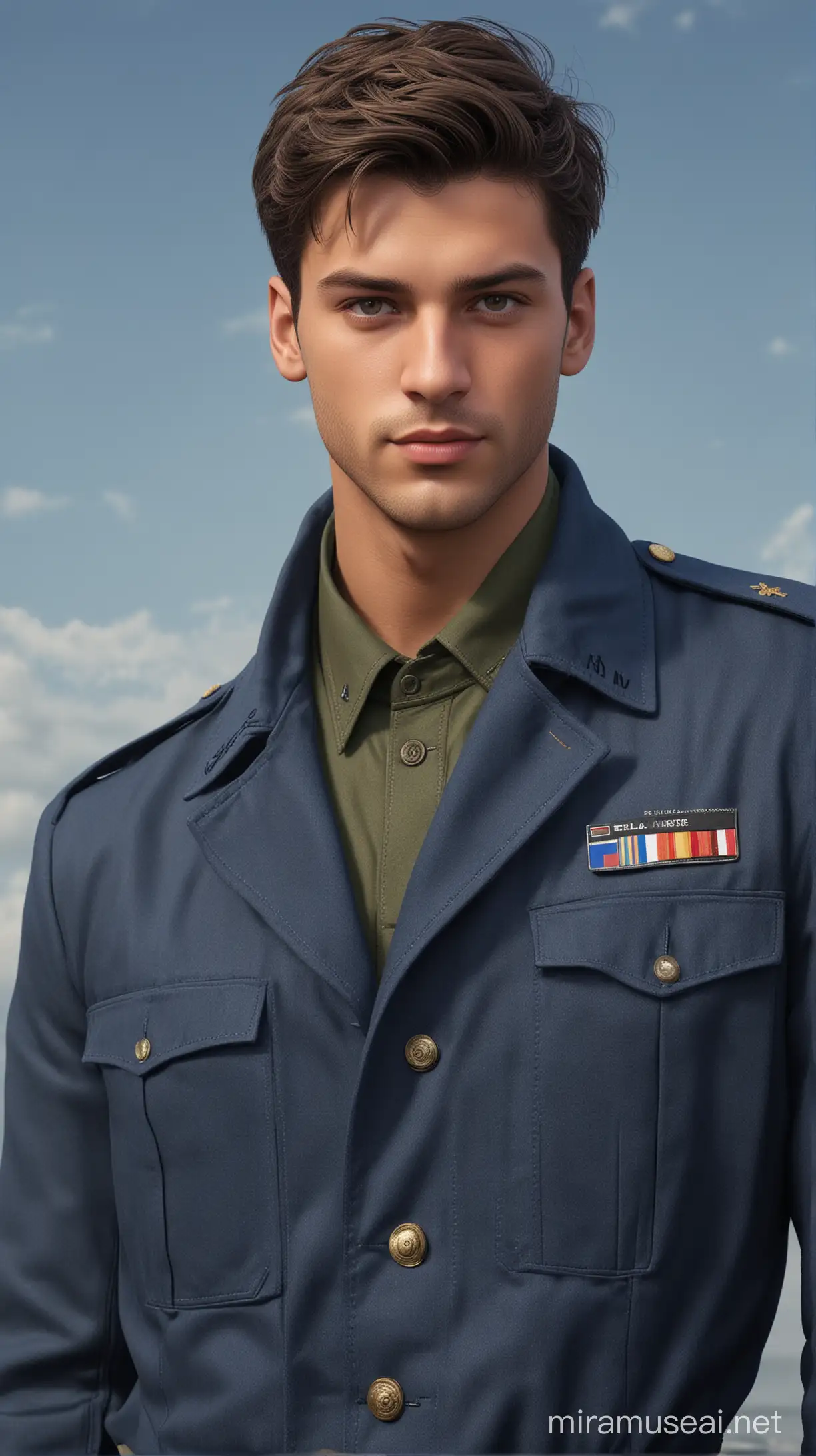 in a sea natural background there are prince Filippo is Germany 21-year-old with short brown dark hair and brown eyes and muscled and
military uniform of the Germany navy air force an
blue jacket and dark blue trousersd and prince face beautiful 8k re solution ultra-realistic