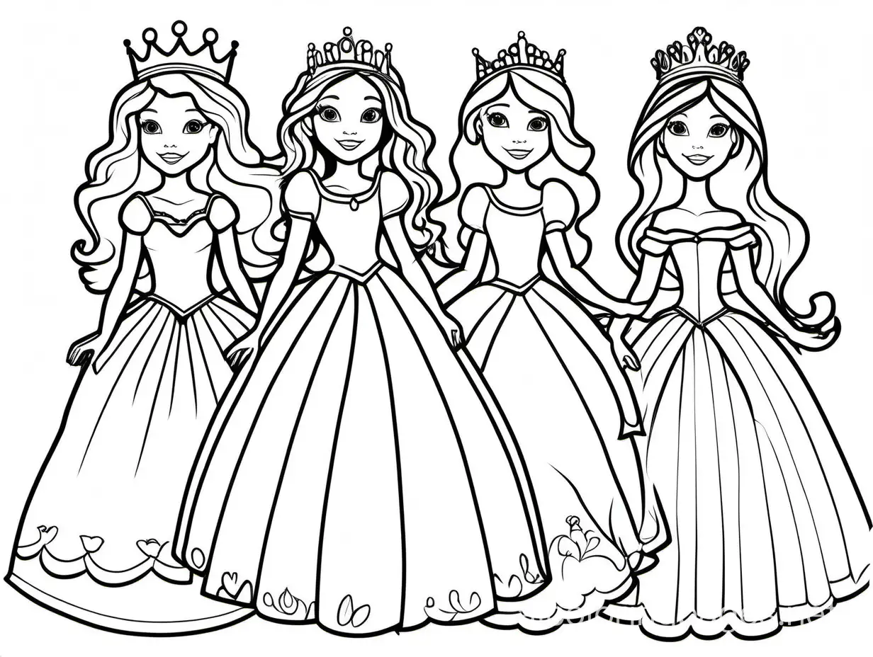 Five princesses wearing crowns and beautiful dresses, Coloring Page, black and white, line art, white background, Simplicity, Ample White Space. The background of the coloring page is plain white to make it easy for young children to color within the lines. The outlines of all the subjects are easy to distinguish, making it simple for kids to color without too much difficulty