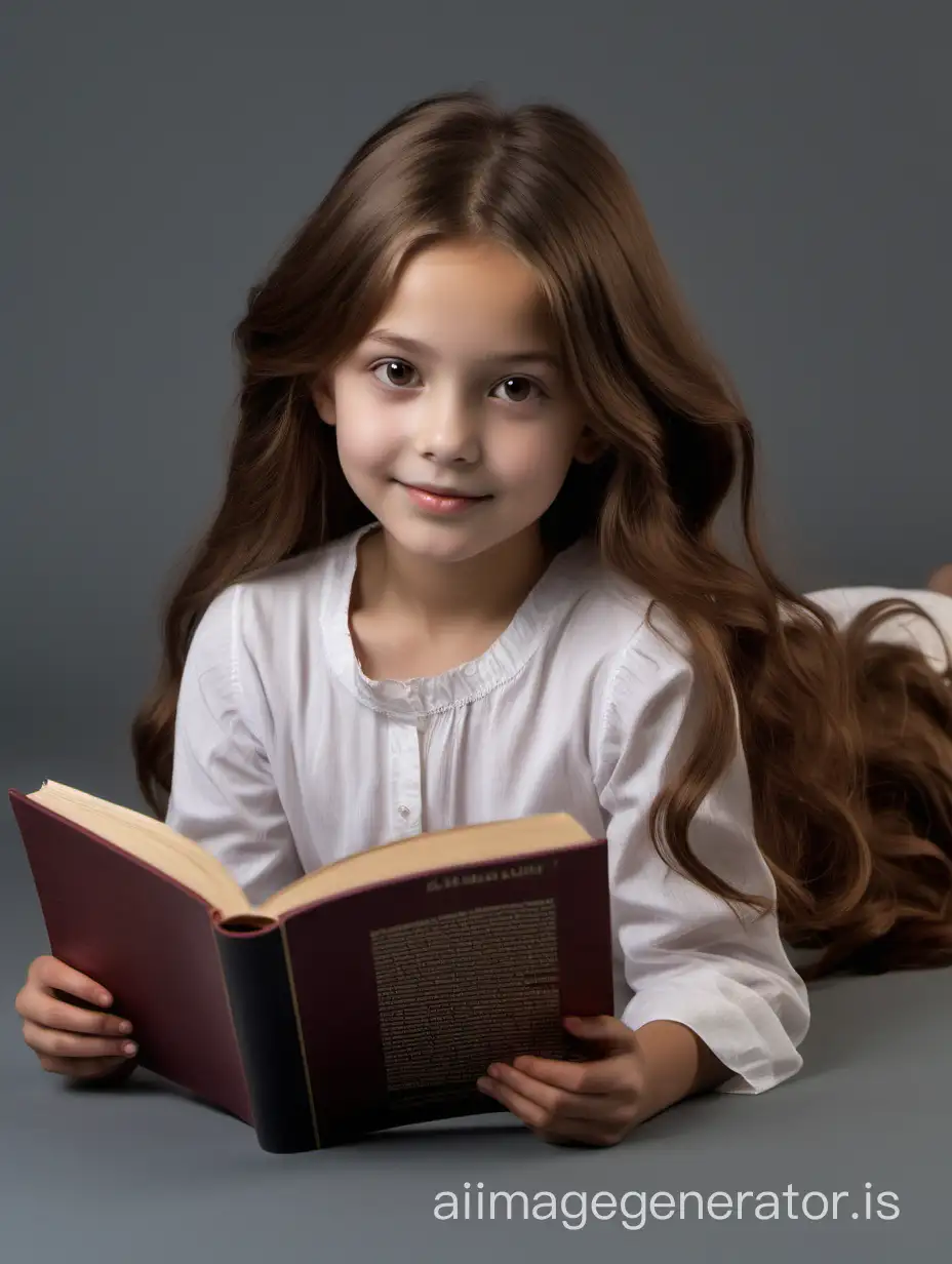 This 10-year-old girl has a slender body with graceful proportions. She has a round head with soft facial features. Her round eyes, hazel in color, radiate joy and curiosity. Her small nose is slightly upturned, giving her a friendly look. She has full, gentle lips that are often adorned with a cheerful smile. This girl's hair is long and thick, dark chestnut in color. It cascades down her back in soft waves, creating an elegant look. Her hair also has a natural shine and softness., 8K UHD, full body in image, The girl lies on her stomach with her head raised, holding a book in front of her and reading with interest.