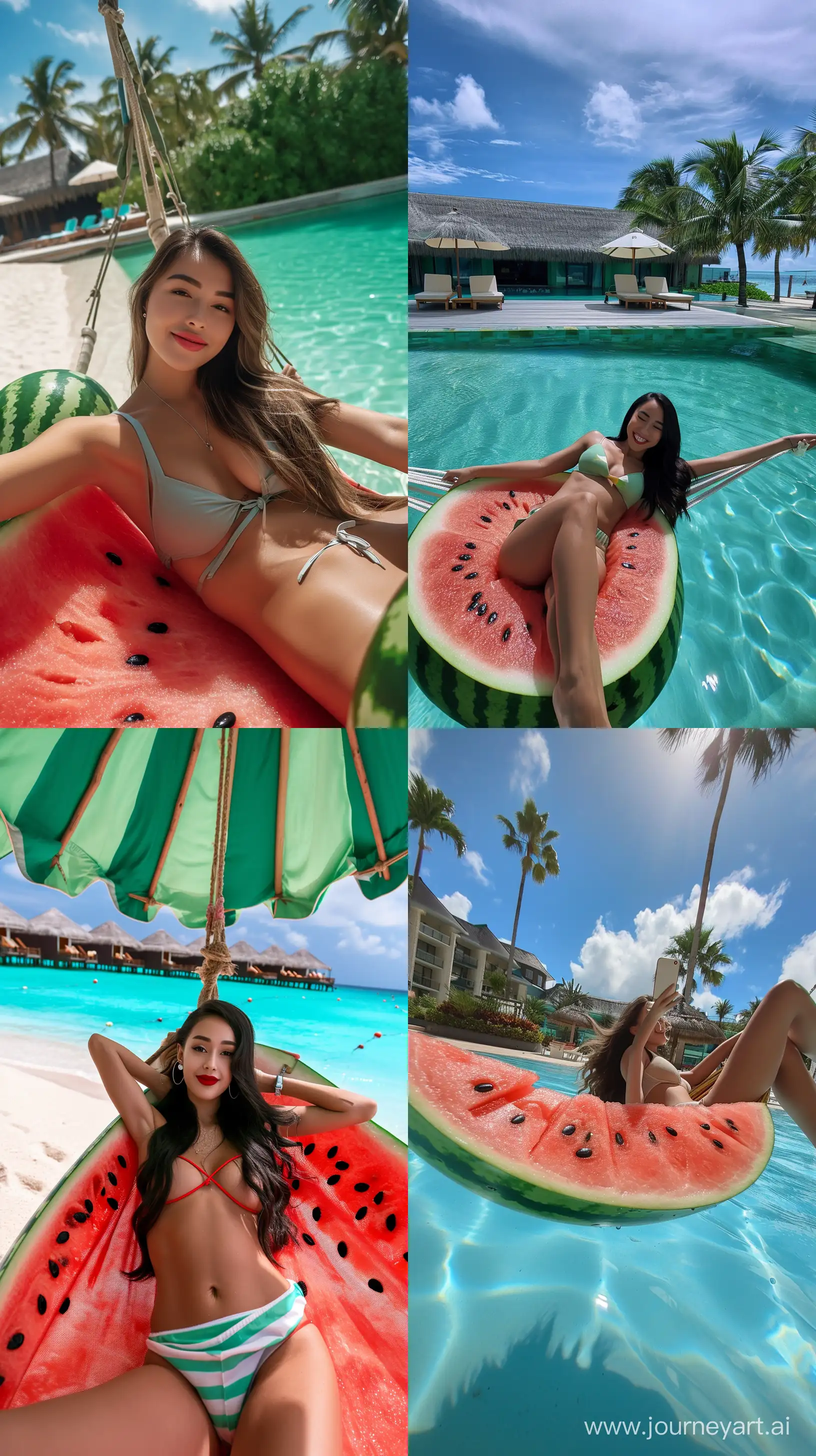 photo of a woman lying on a watermelon hammock, took a selfie, crazy pose, best quality, beautiful, full shot, cute, first rate resort background, hyper realistic --v 6 --ar 9:16