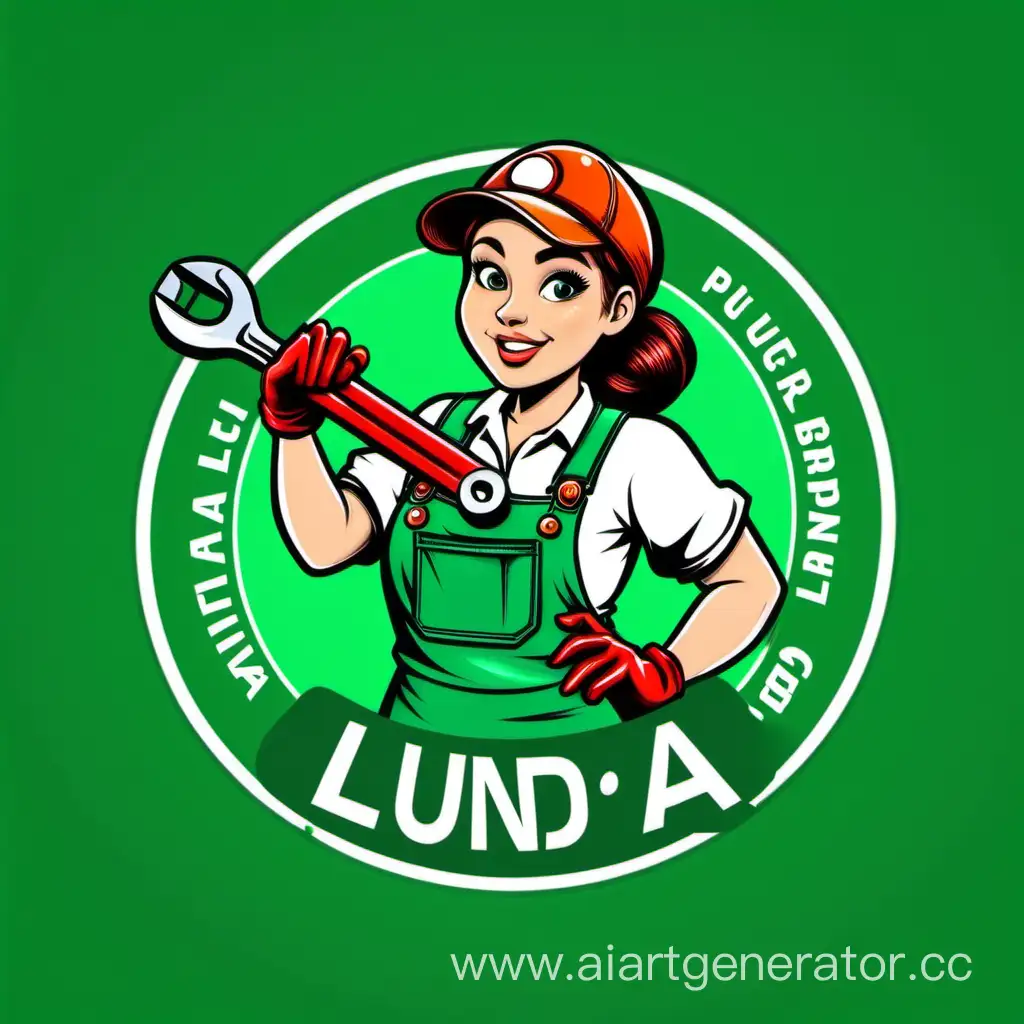 девушка сантехник с сантехническим ключем на зеленом фоне и надписью LUNDA