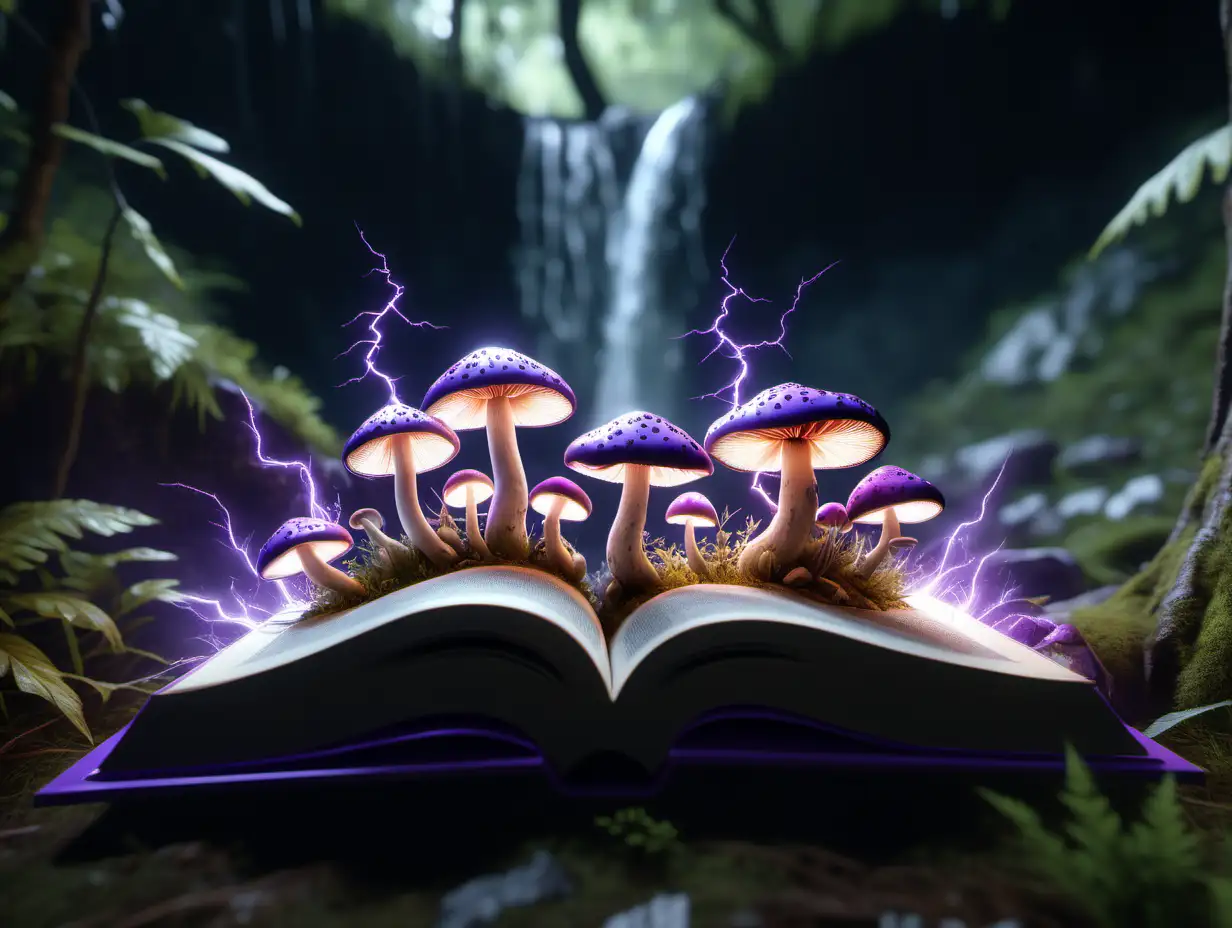 glowing mushrooms, with purple spots, mushrooms growing out of magical book in a magical forest with waterfall, Cinematic, Hyper-detailed, insane details, Beautifully color graded, Unreal Engine, DOF, Super-Resolution, Megapixel, Cinematic Lightning, Anti-Aliasing, FKAA, TXAA, RTX, SSAO, Post Processing, Post Production, Tone Mapping, CGI, VFX, SFX, Insanely detailed and intricate, Hyper maximalist, Hyper realistic, Volumetric, Photorealistic, ultra photoreal, ultra- detailed, intricate details, 8K, Super detailed, Full color, Volumetric lightning, HDR, Realistic, Unreal Engine, 16K, Sharp focus.--v testp