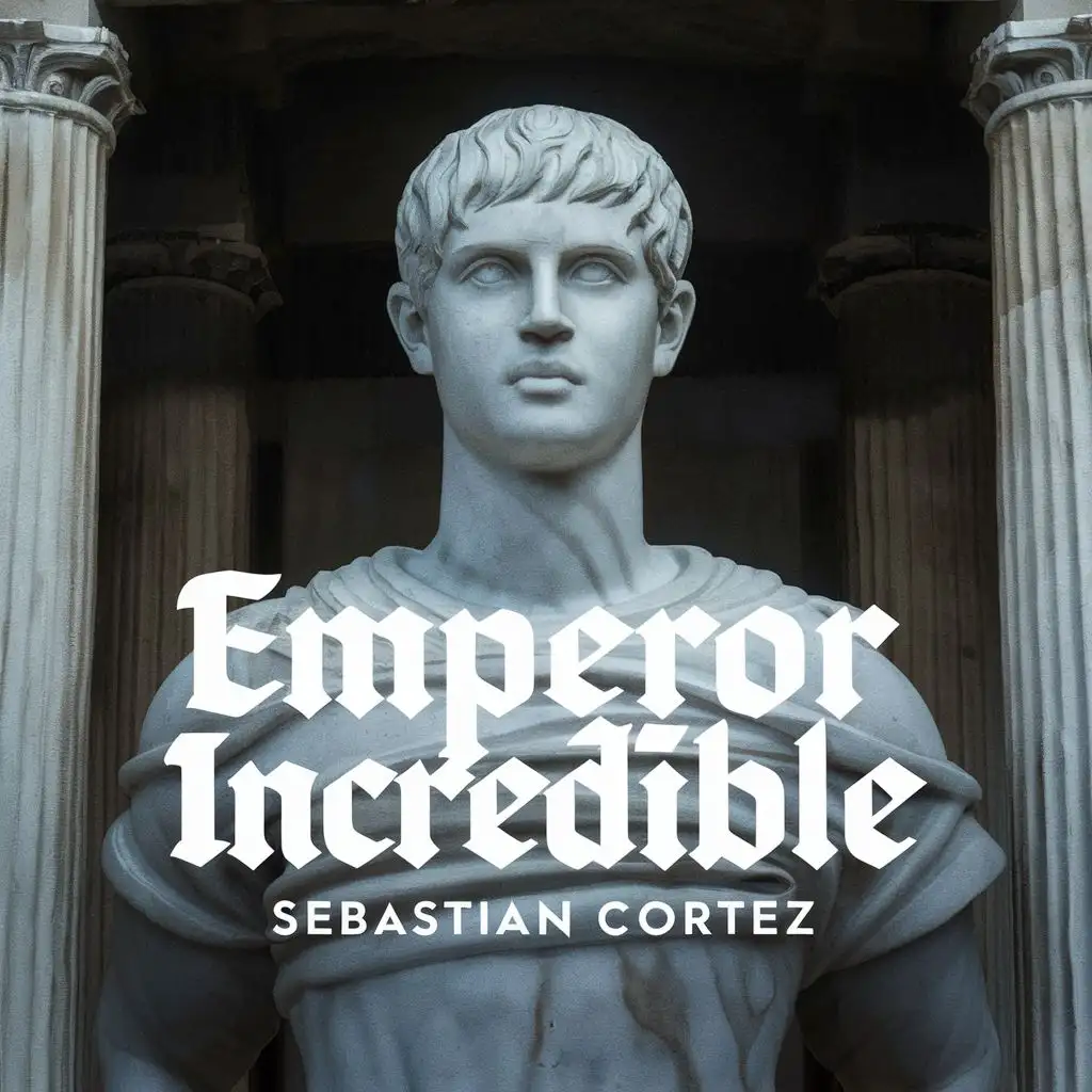 logo, A marble statue of a young adult with short hair inside of Athens Temple.  The Text should be white and gothic, with the text "Emperor Incredible Sebastian Cortez", typography