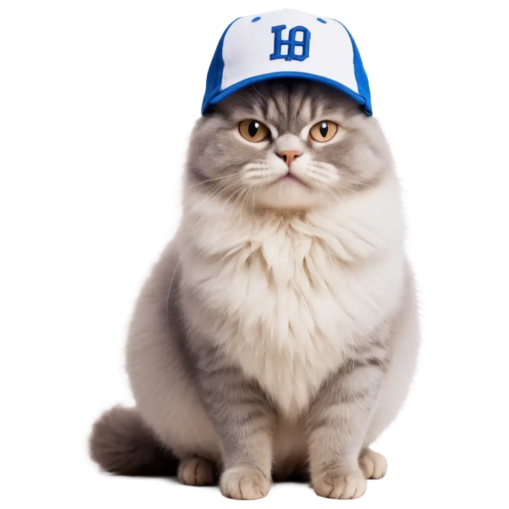 White, fat,smile persian chinchilla cat wearing baseball cap