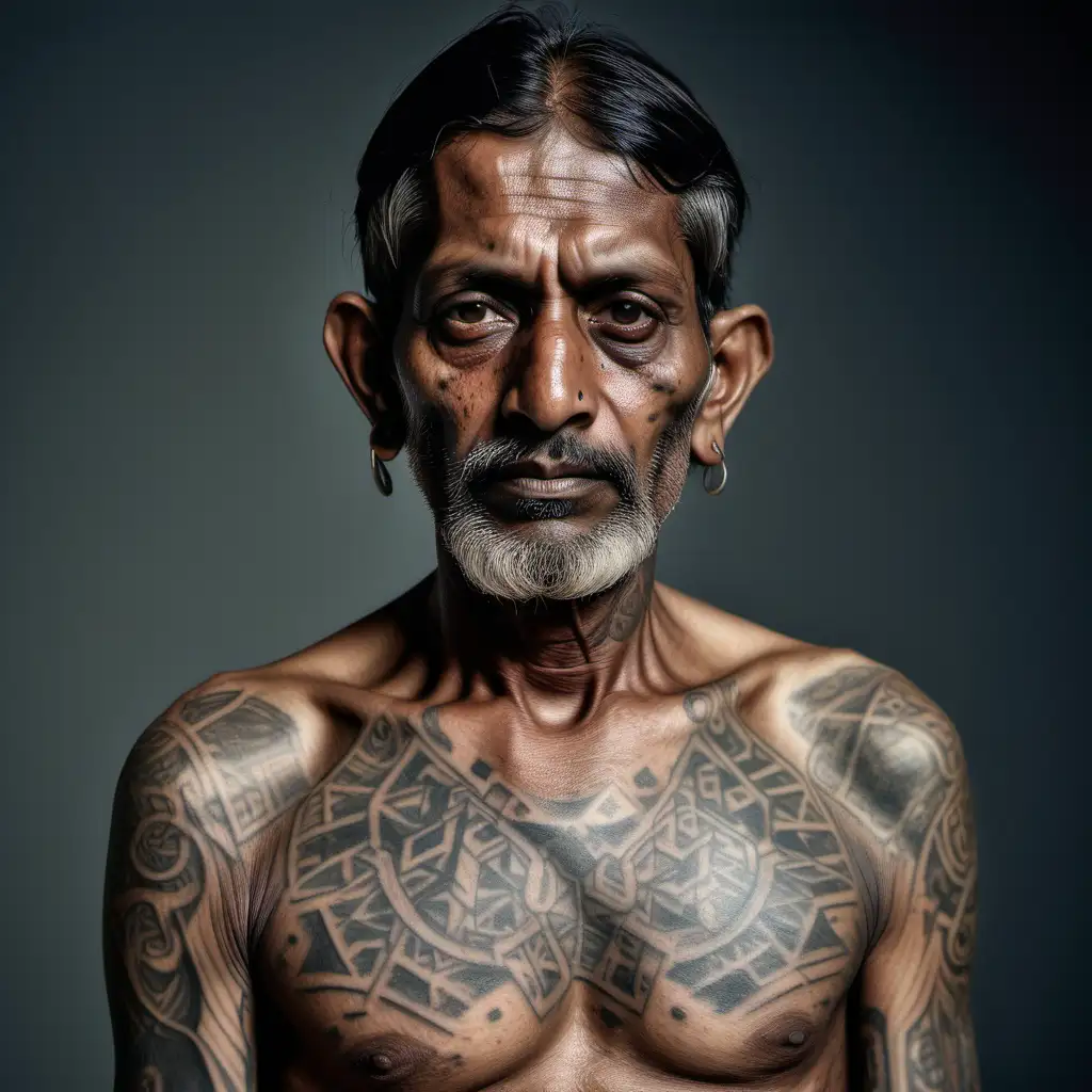 A hyperealistic portrait of a poor indian man. 51 years old. tattoos. 