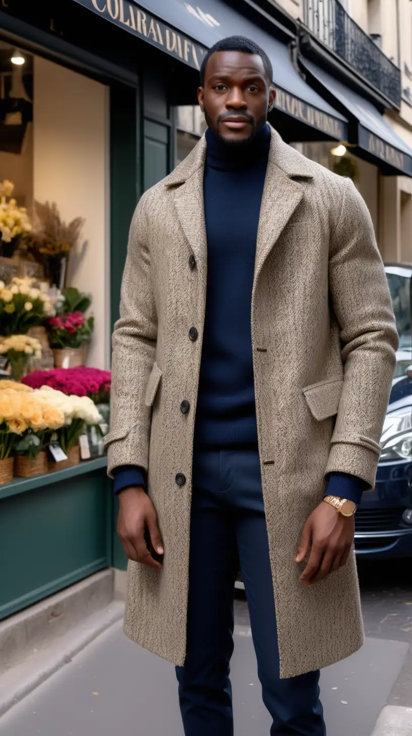   Handsome, black, man, wearing black, pants, wearing Cream, Collard neck sweater, wearing, Navy, African Print,  Tweed 3/4 Car Coat, standing outside of flower shop in Paris, ultra 4k, high definition, view is close up, light source from the front, facing subject