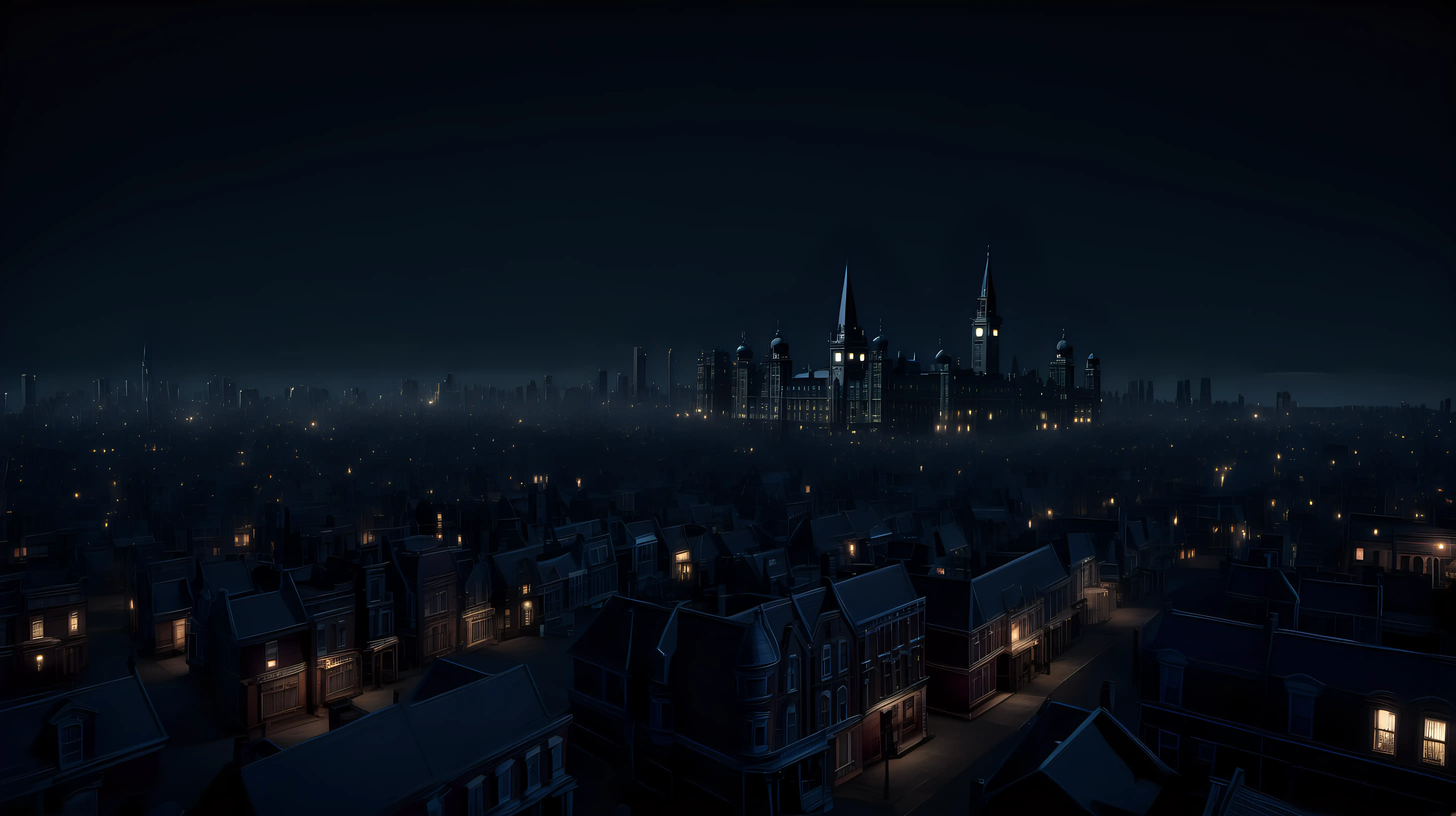 View of a Victorian city in the medium distance at night, cinematic lighting, super-realistic, photographic quality.