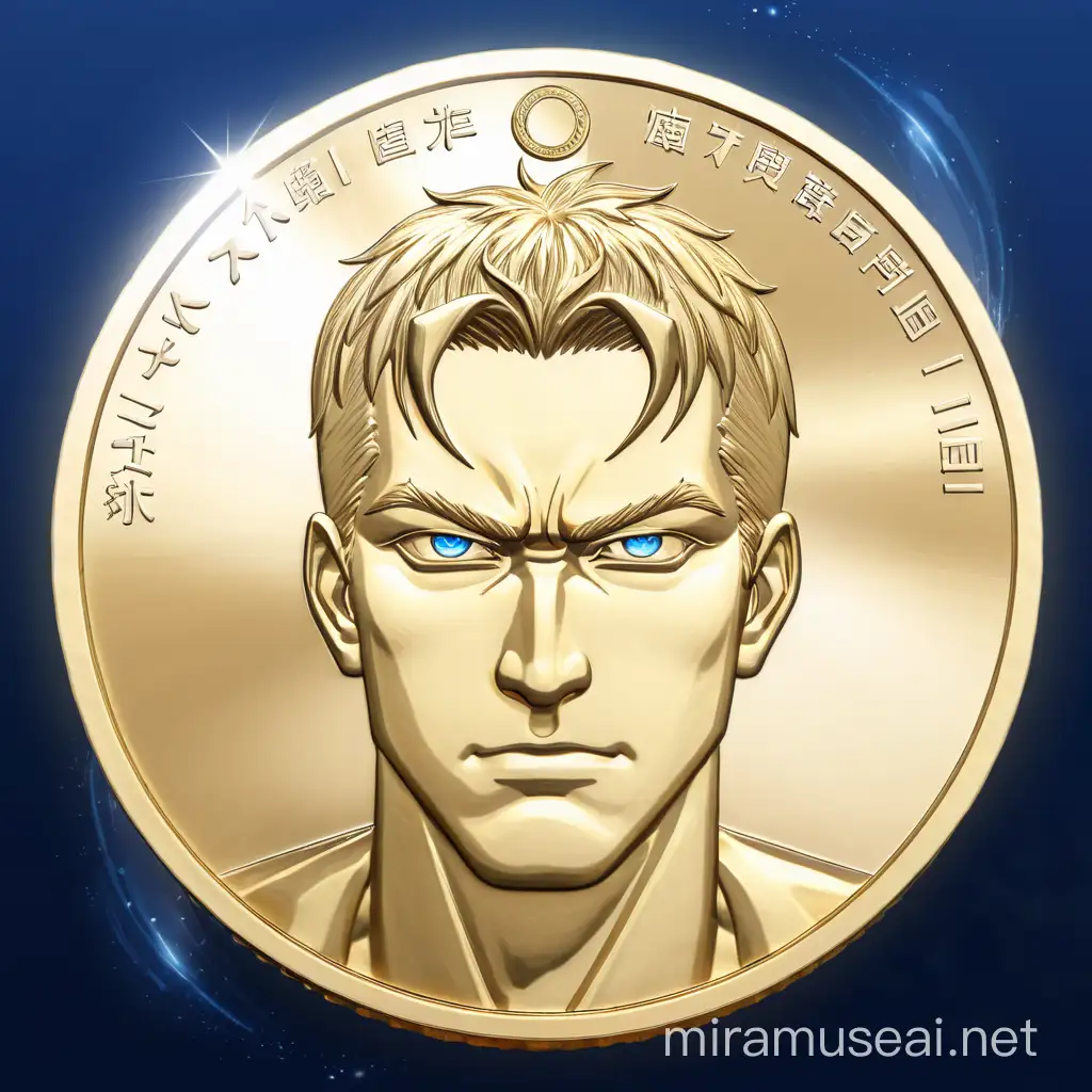 On the picture we see coin and in the coin, strong men trying to say somethin, his eyes are white. photo is in the anime style and i like to stay like that. make it logo using only what you can see in coin.