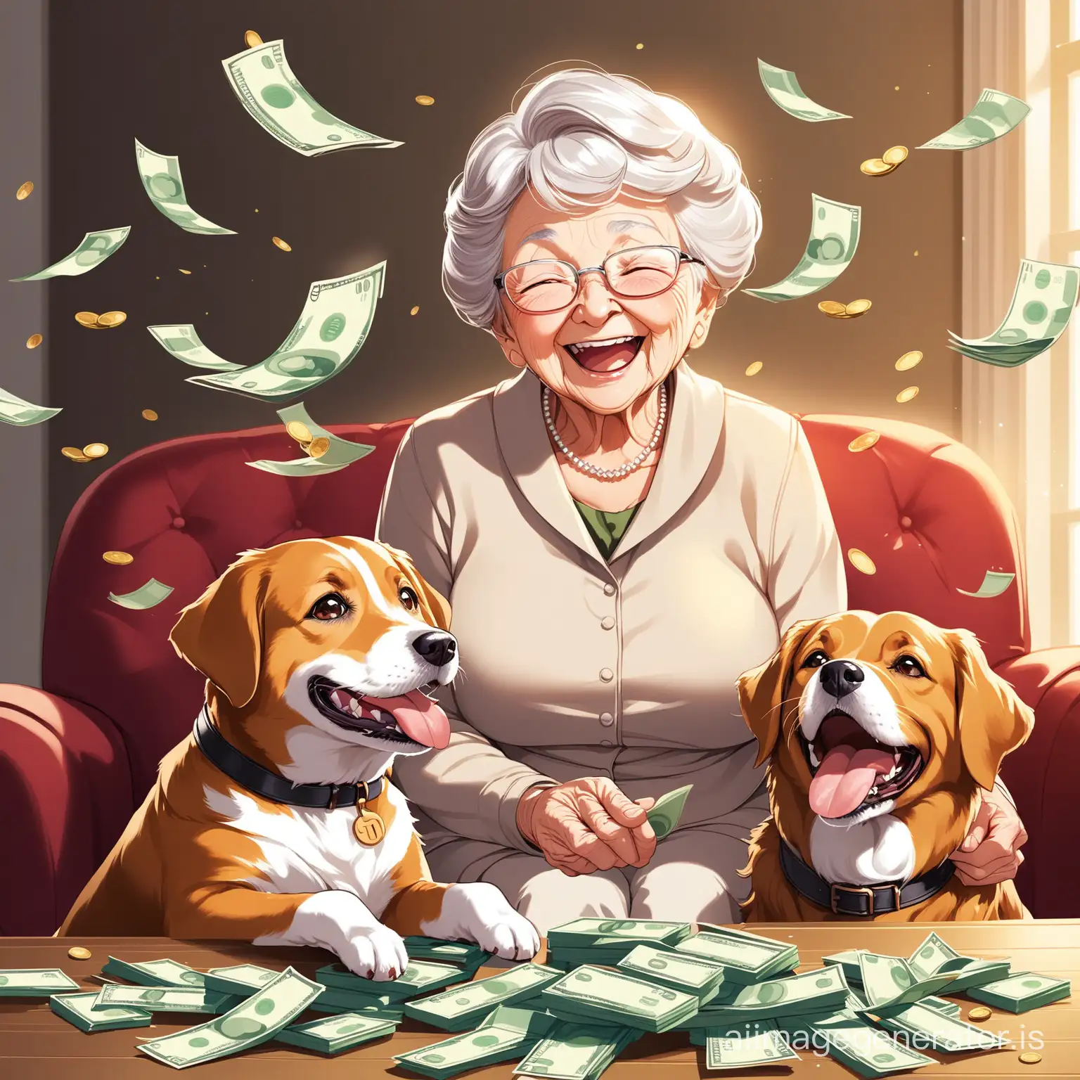grandmother grandson and dog sit laugh and money flying around