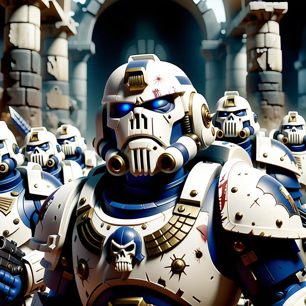 Ultra realistic 4k 3d photographic Double expose of warhammer 40,000 Space Marine white armour not wearing helmet and soldiers ruins in the background