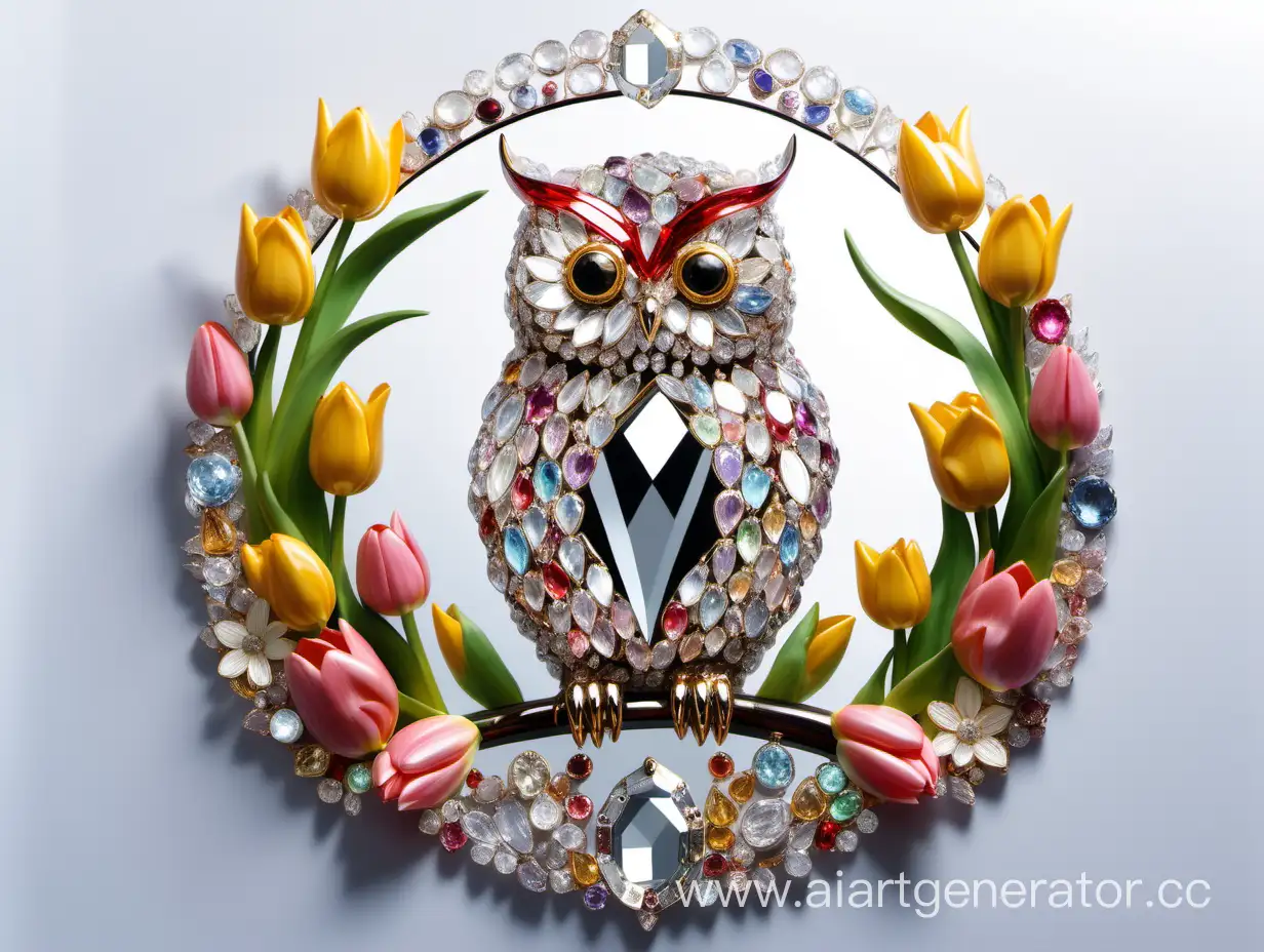 JewelEncrusted-Owl-Amidst-Spring-Flowers-with-a-Transparent-Gemstone-Mirror
