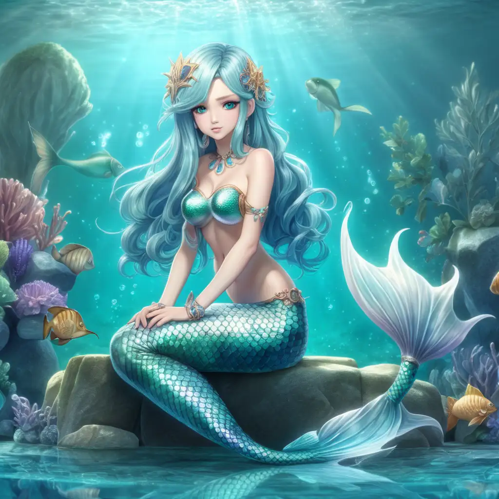 in anime style, a full body image of a beautiful mythical, magical mermaid in a sitting position never seen before, original character designs