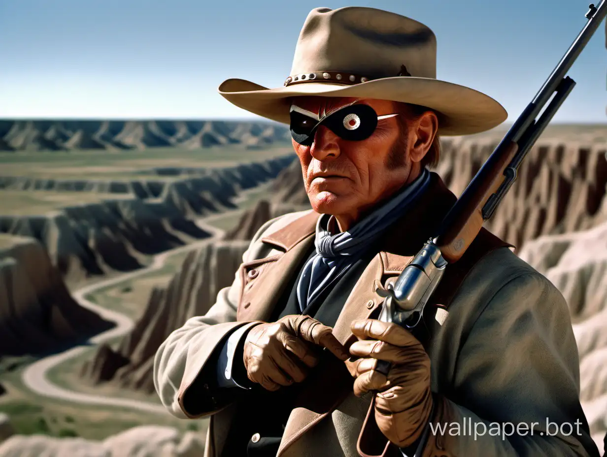 Rooster Cogburn with eye patch over one eye, cowboy hat, holding a Winchester rifle, Badlands territory in the background, detailed features, sharp image.