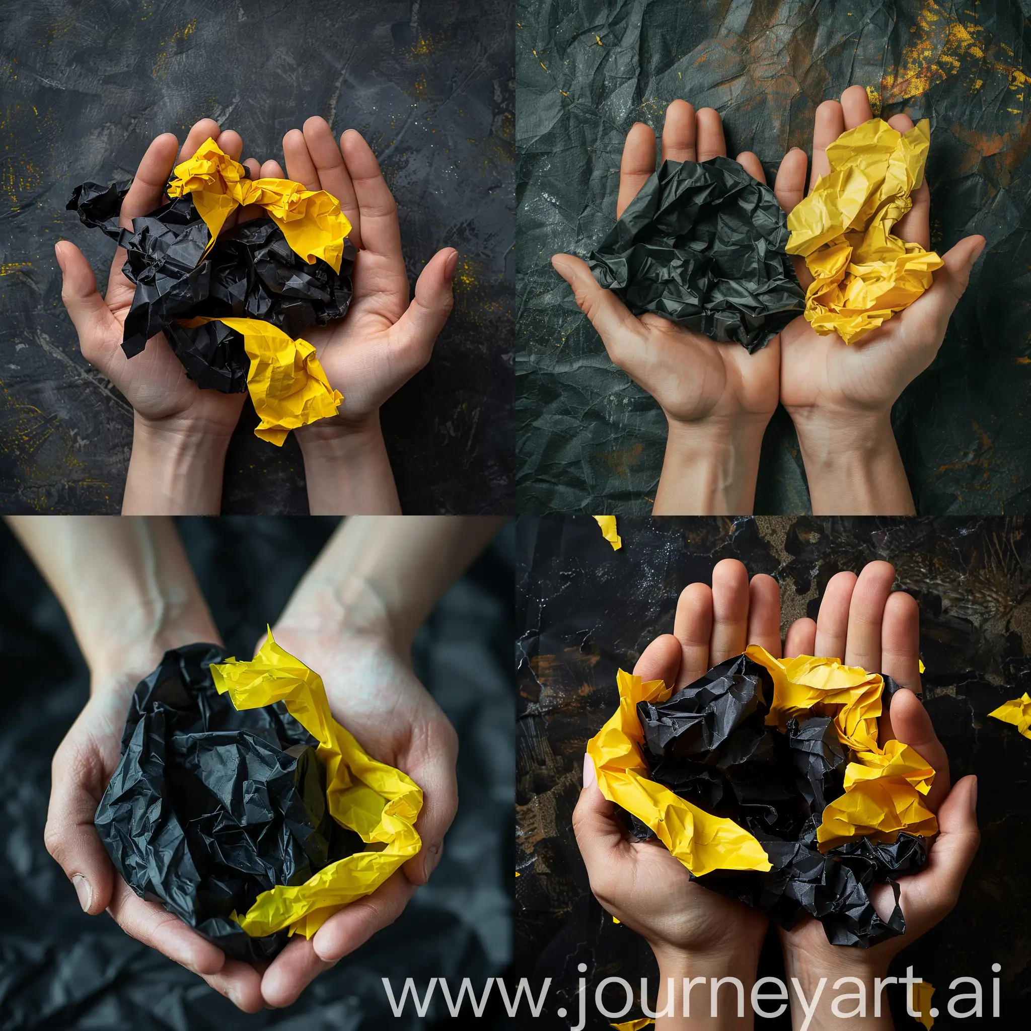 Hands-Holding-Crumpled-Black-and-Yellow-Paper