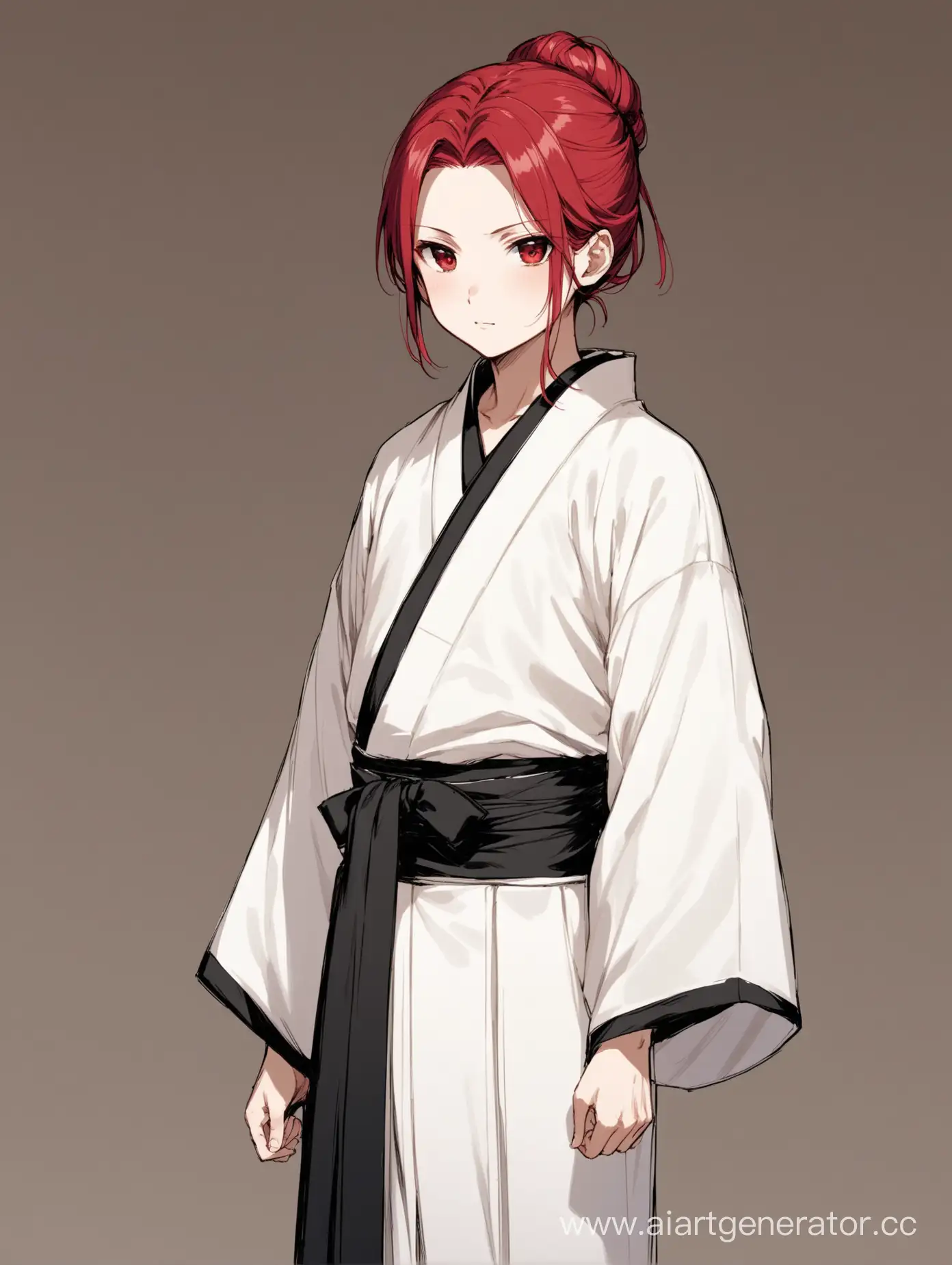 A boy, ruby-red eyes.Hair long and white tied in a low bun, a pretty even feminine face, Very thin for his age, and a weak-looking complexion. He is dressed in a white kimono, a white juban, a white haori that is several times larger than the boy himself, black hakama trousers, white tabis, and dzori. 