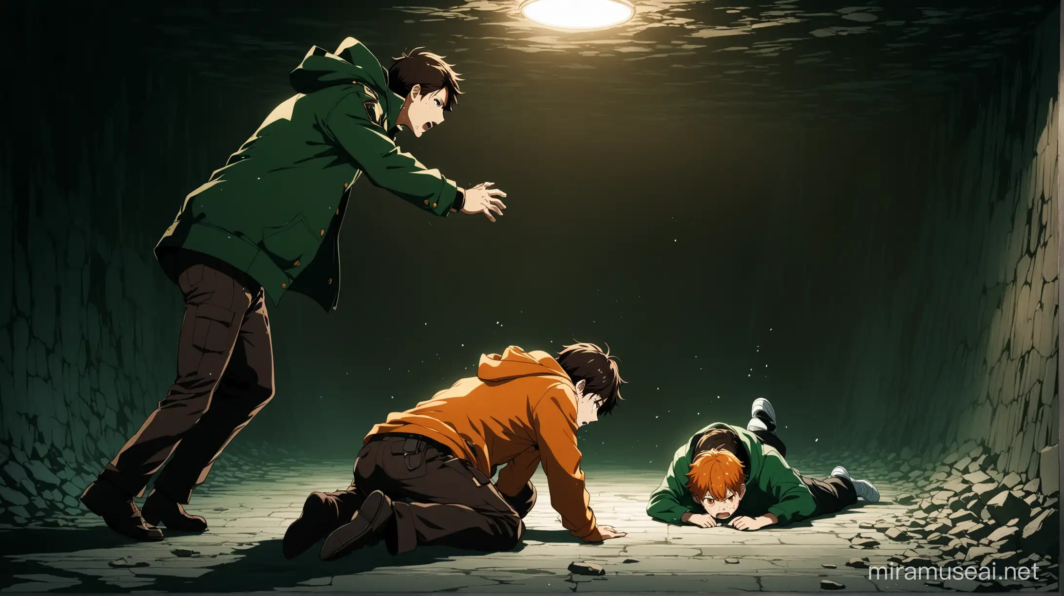 A side view image of of two anime characters in which there is a boy teenager who is handcuffed, crying, screaming and running towards his dad who is injured badly and sitting on the floor unconsciously. The boy is teenager, crying, orange headed, orange eyes, wearing dark green hoodie, handsome and running towards his unconscious father sitting on the floor of an underground secret room with dark green contrasts and vibe. His father is unconscious, injured, detective, dark brown headed, orange eyes, wearing detective clothes with dark brown and skin contrast. 