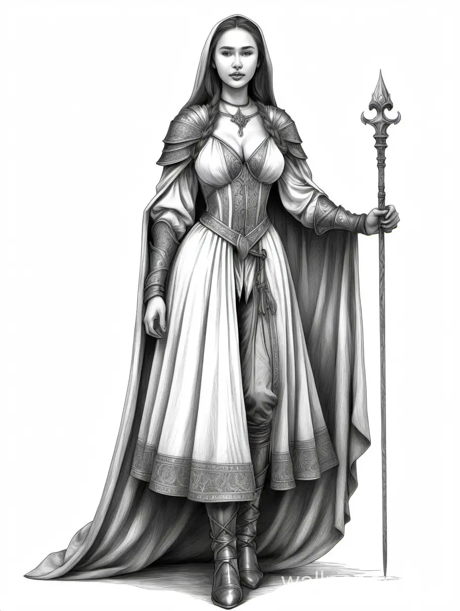 Alina Zagitova, Medieval young woman with huge breasts, drow mage 30 years old full height strong, D&D character, black and white sketch, high detail, full height, white background