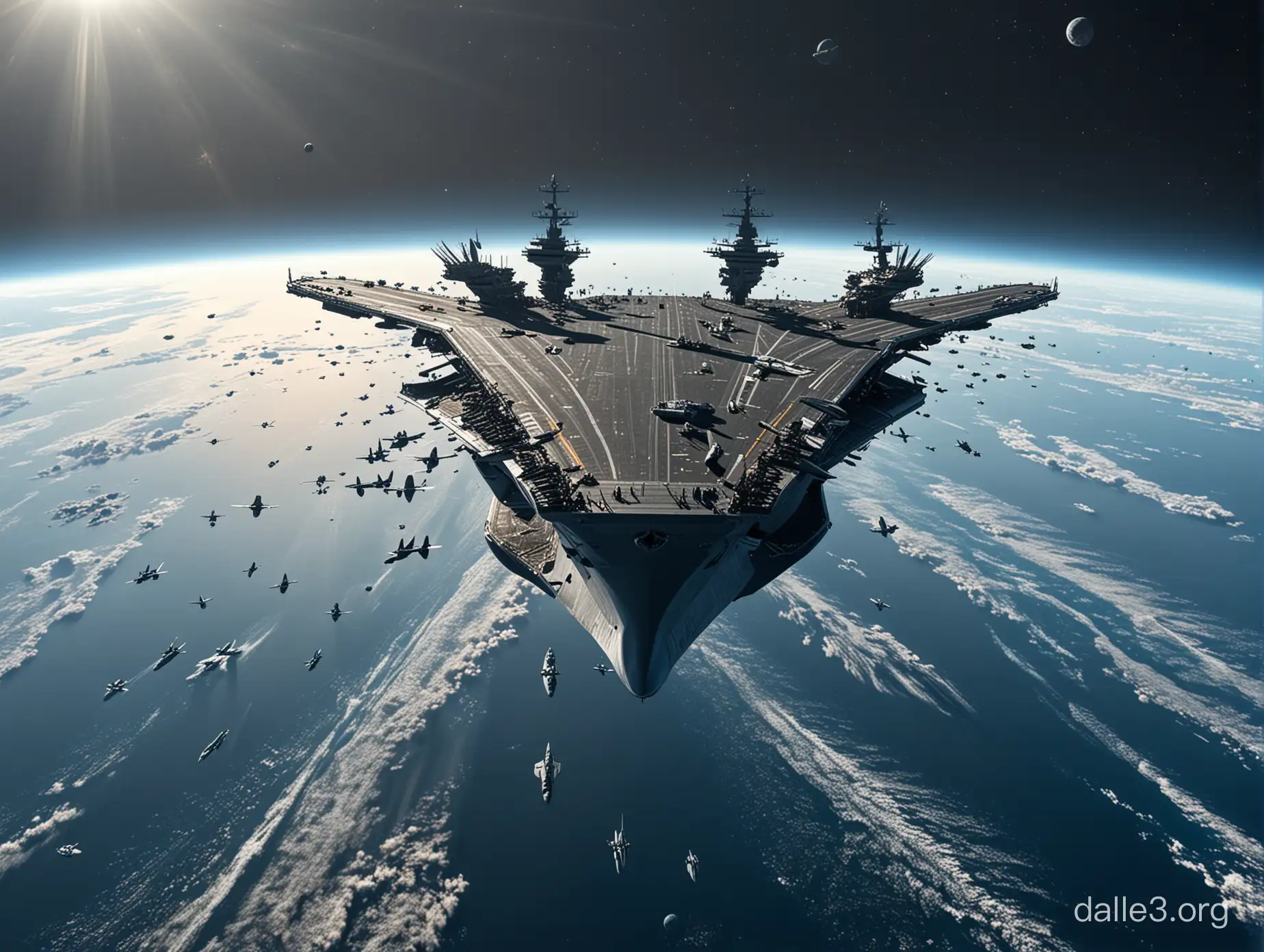 A stunning 3D rendering of an aircraft carrier in low Earth orbit, showcasing a futuristic combination of aerial and marine technology. The aircraft carrier is surrounded by various aircraft, their wings glistening under the orbiting sunlight. In the background, the Earth looks like a beautiful blue marble, conveying the immensity of space