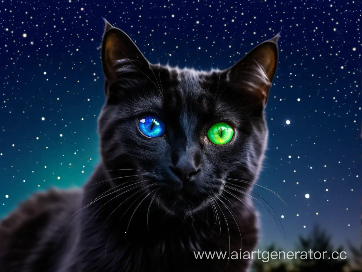 черный кот с разного цвета глазами. один глаз голубого цвета а второй зеленый. на фоне ночное звездное небо.