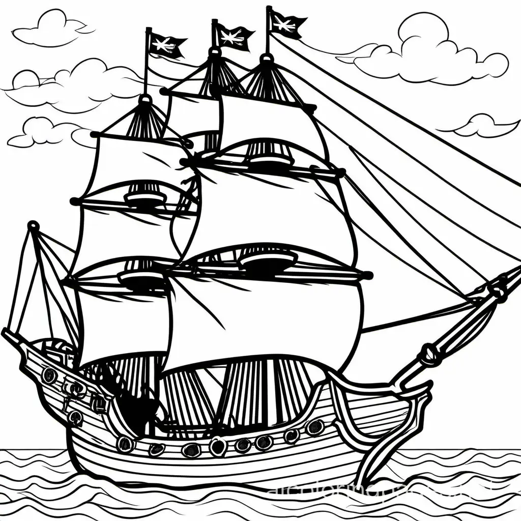 susan constant ship
, Coloring Page, black and white, line art, white background, Simplicity, Ample White Space. The background of the coloring page is plain white to make it easy for young children to color within the lines. The outlines of all the subjects are easy to distinguish, making it simple for kids to color without too much difficulty