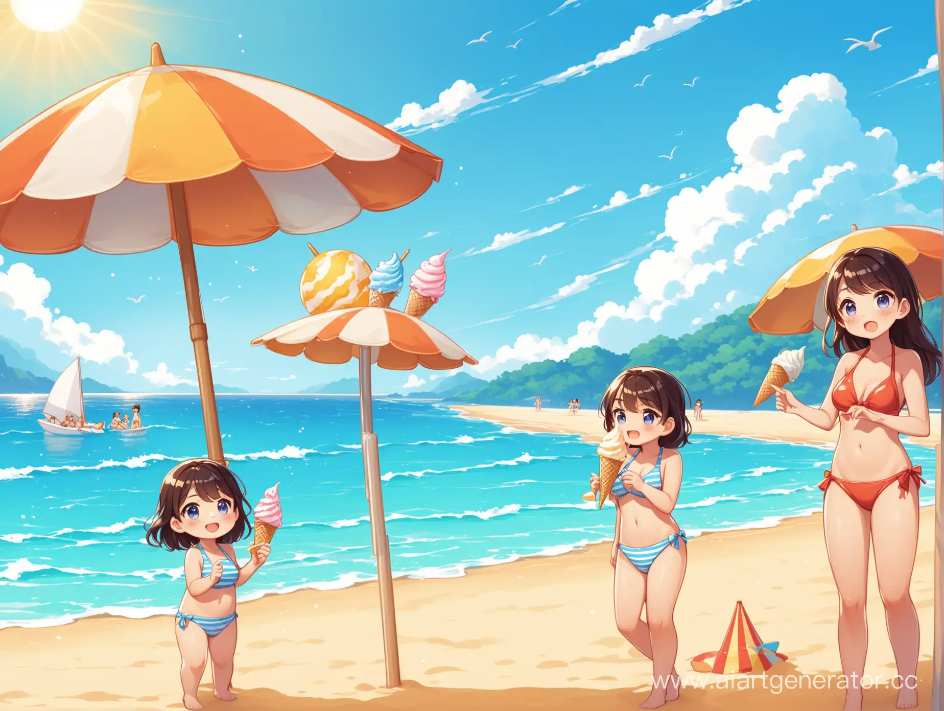 Пляж, песок, море, солнце. Один персонаж стоит на пляже и ест мороженое. Второй и третий персонажи пытаются выкинуть четвертого в море. Пятый и шестой загорают. Седьмой персонаж стоит под зонтиком.