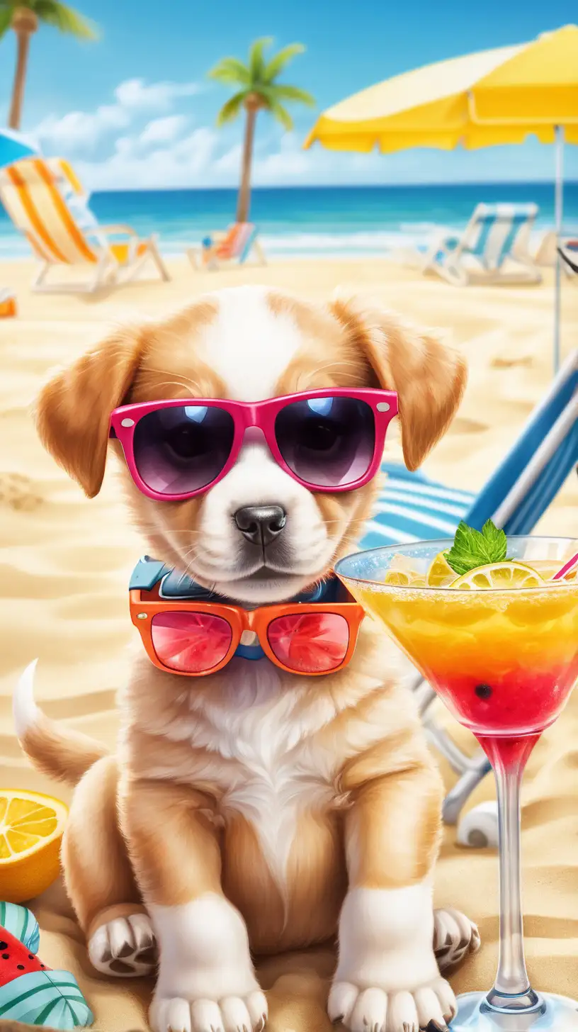 a puppy in sunglasses at the beach. he could have a fruity cocktail drink with an umbrella