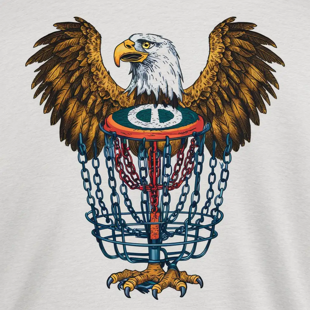 An eagle that is a disc golf basket. The chains of the basket are the eagle's wing feathers. The cage of the basket is made up of the eagle's talons.