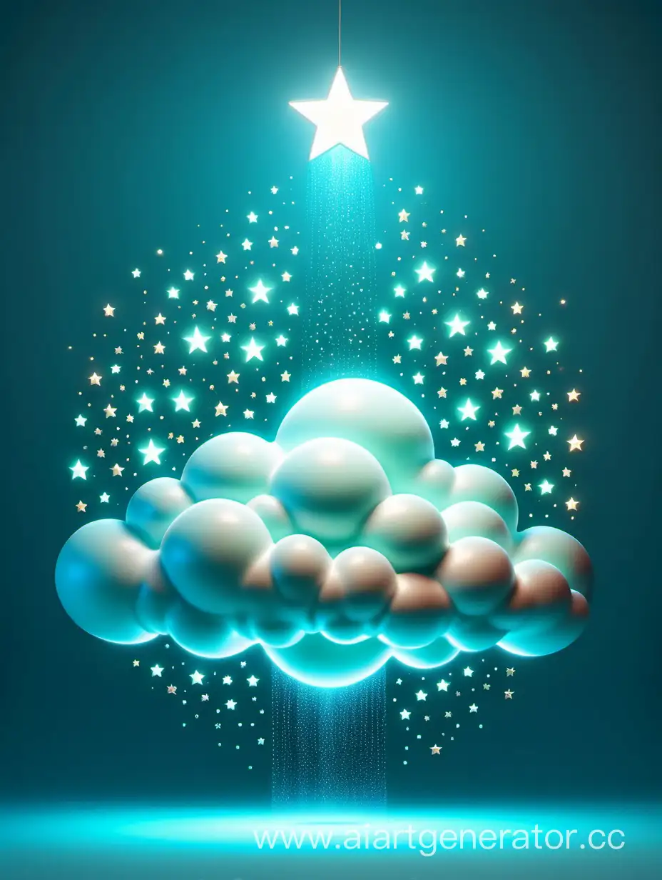 крупное 3д облако с подсветкой на бирюзово голубом фоне со звездами, атмосфера волшебства и уюта