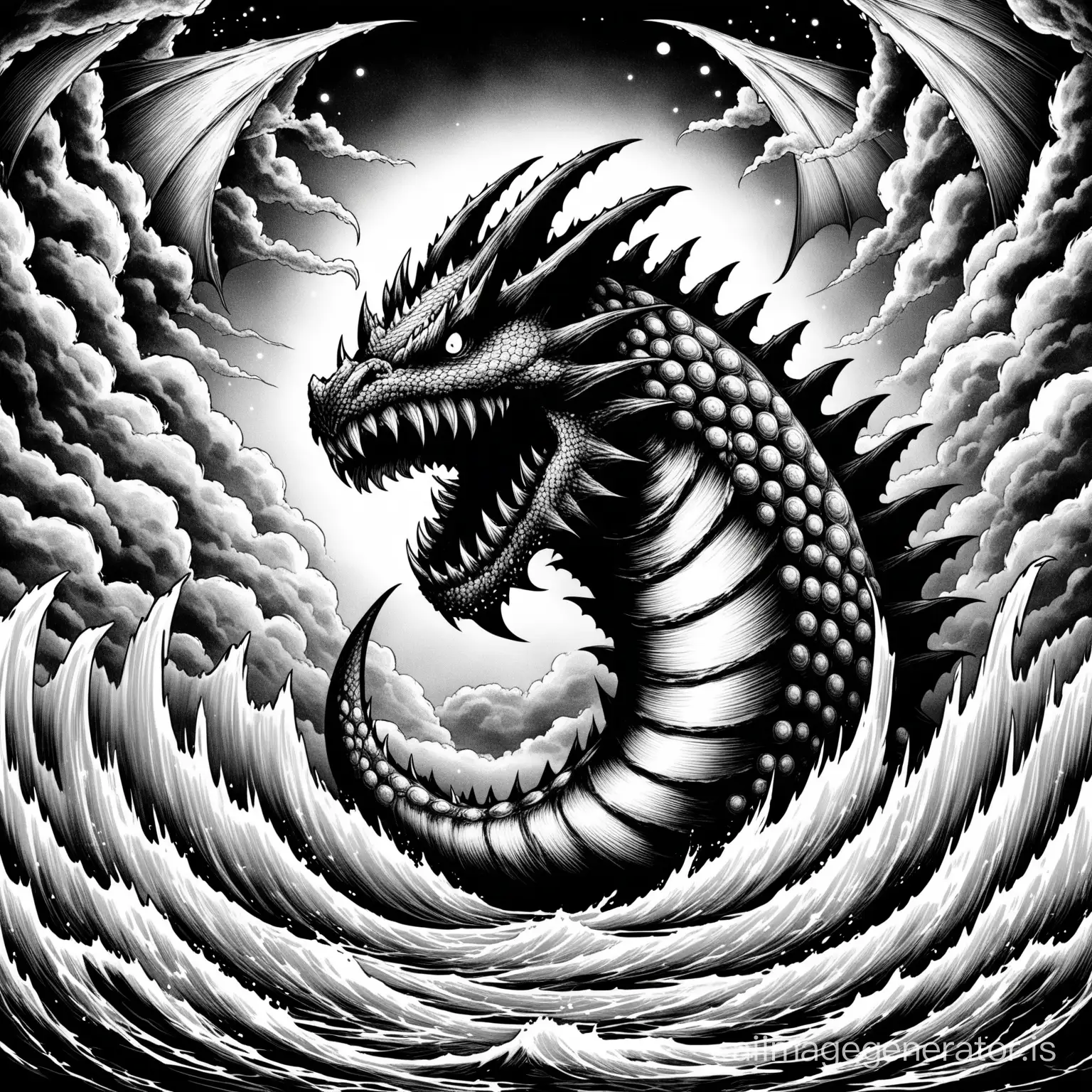 Монстр Дагон в черно белом стиле в виде книжкой картинке