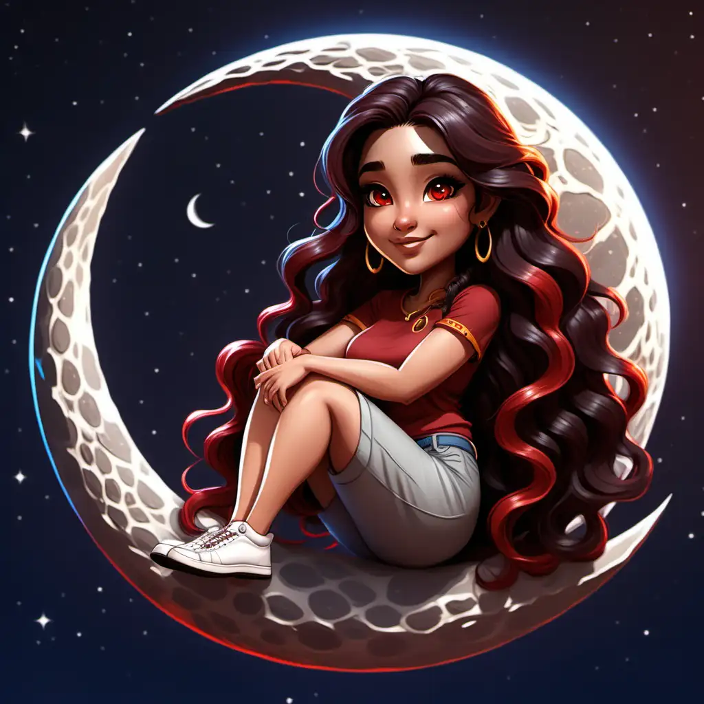 A cartoon avatar, female, long, wavy dark hair with red highlights. Brown eyes, small nose. Curvy body.  Sitting on a cresent moon.