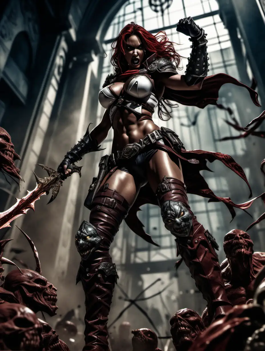 (cinematic lighting), in the world of spawn comic , 1 voluptuous beautiful warrior women fighting for her life, fierce fight, wearing boots, full body photo, intricate details, detailed face, detailed eyes, angle from below, hyper realistic photography