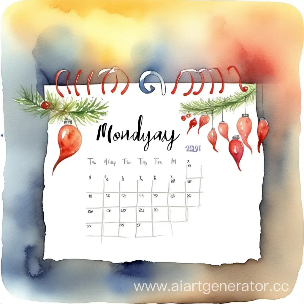 календарь, понедельник, праздник, акварельный рисунок