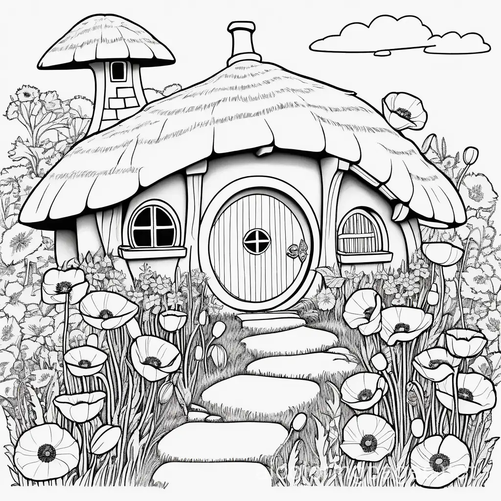 Illustrate a boho hobbit home with a poppy flower garden coloring page, Coloring Page, black and white, line art, white background, Simplicity, Ample White Space. The background of the coloring page is plain white to make it easy for young children to color within the lines. The outlines of all the subjects are easy to distinguish, making it simple for kids to color without too much difficulty
