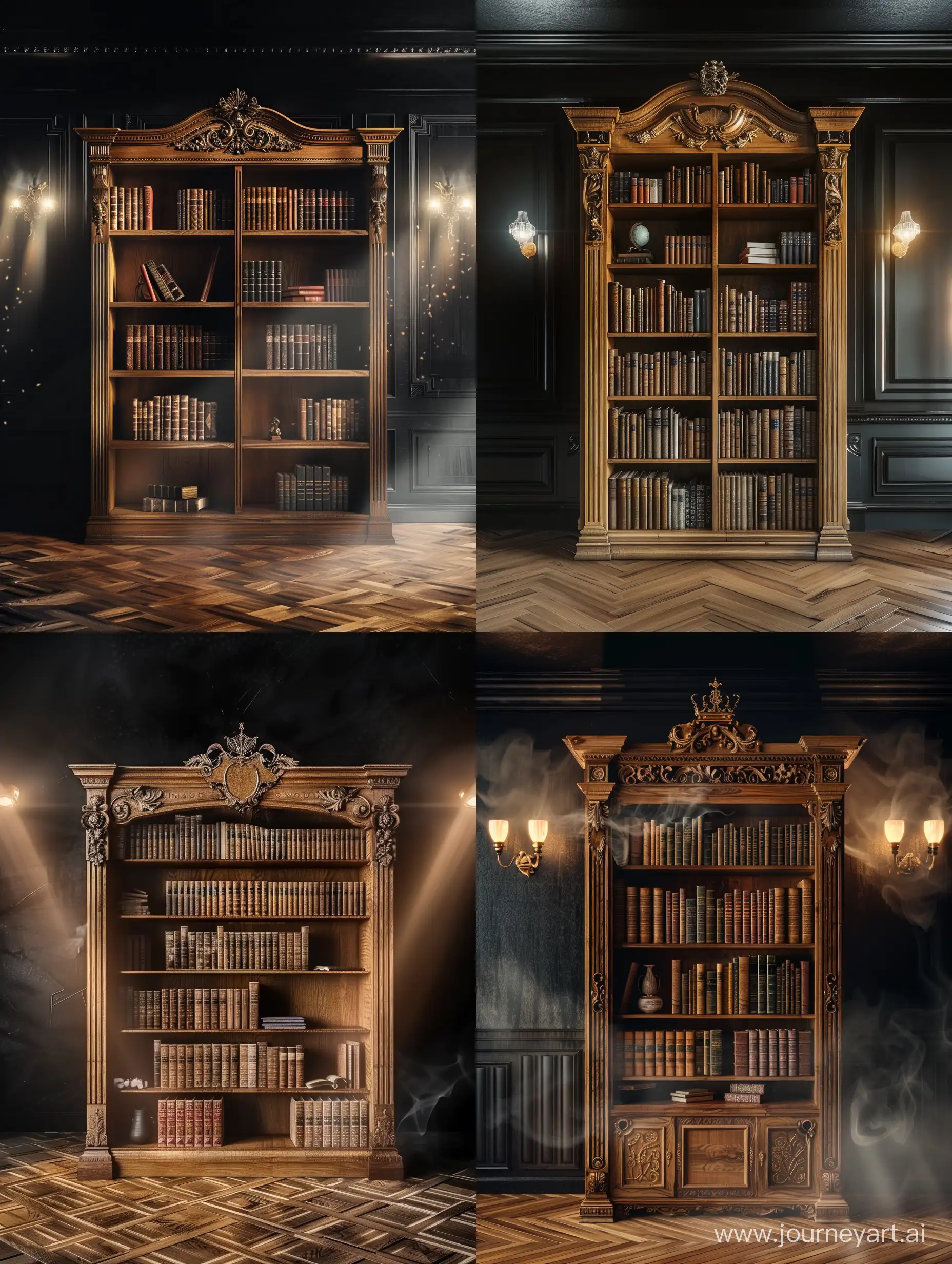 Antique-Oak-Bookcase-with-Carved-Crown-and-Rare-Books-in-Classicism-Style