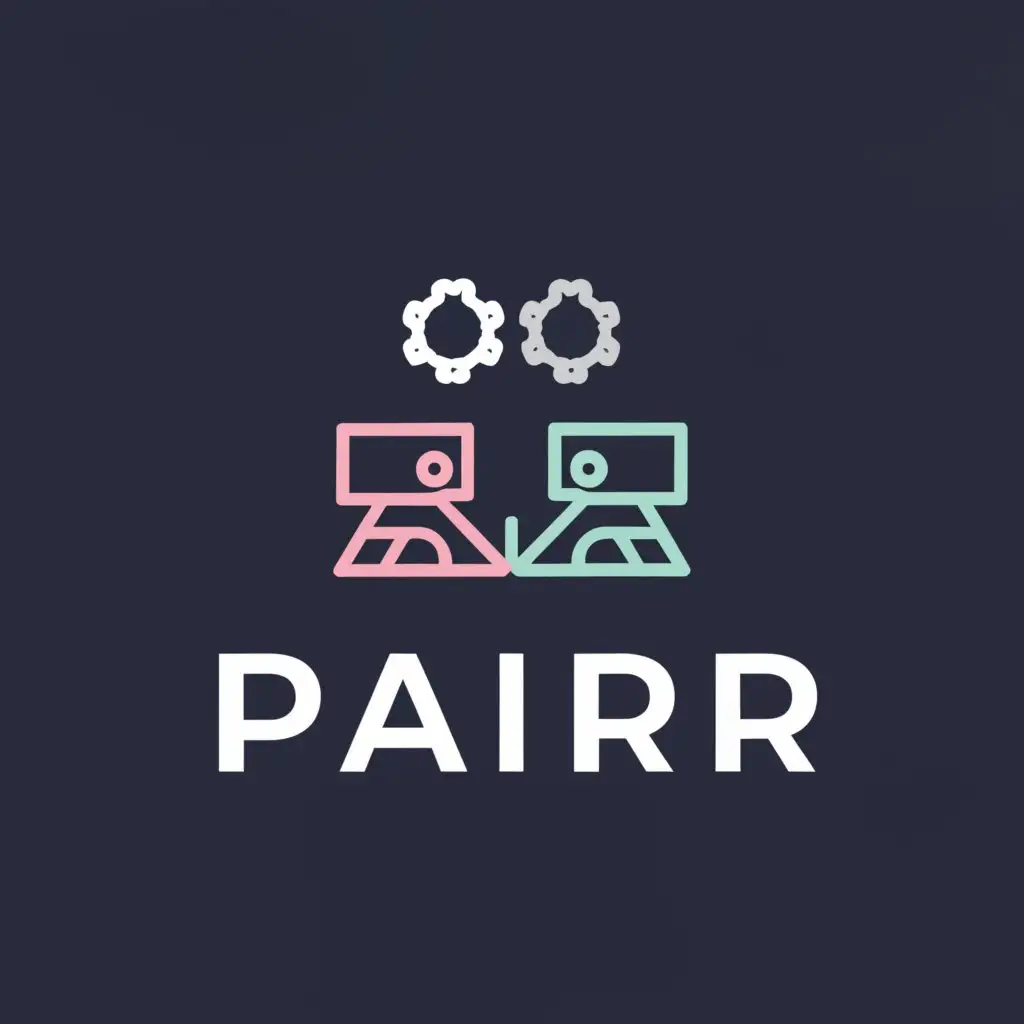 a logo design,with the text "Pair", main symbol:a pair of programmers working with computers and settings cogs,Moderate,clear background