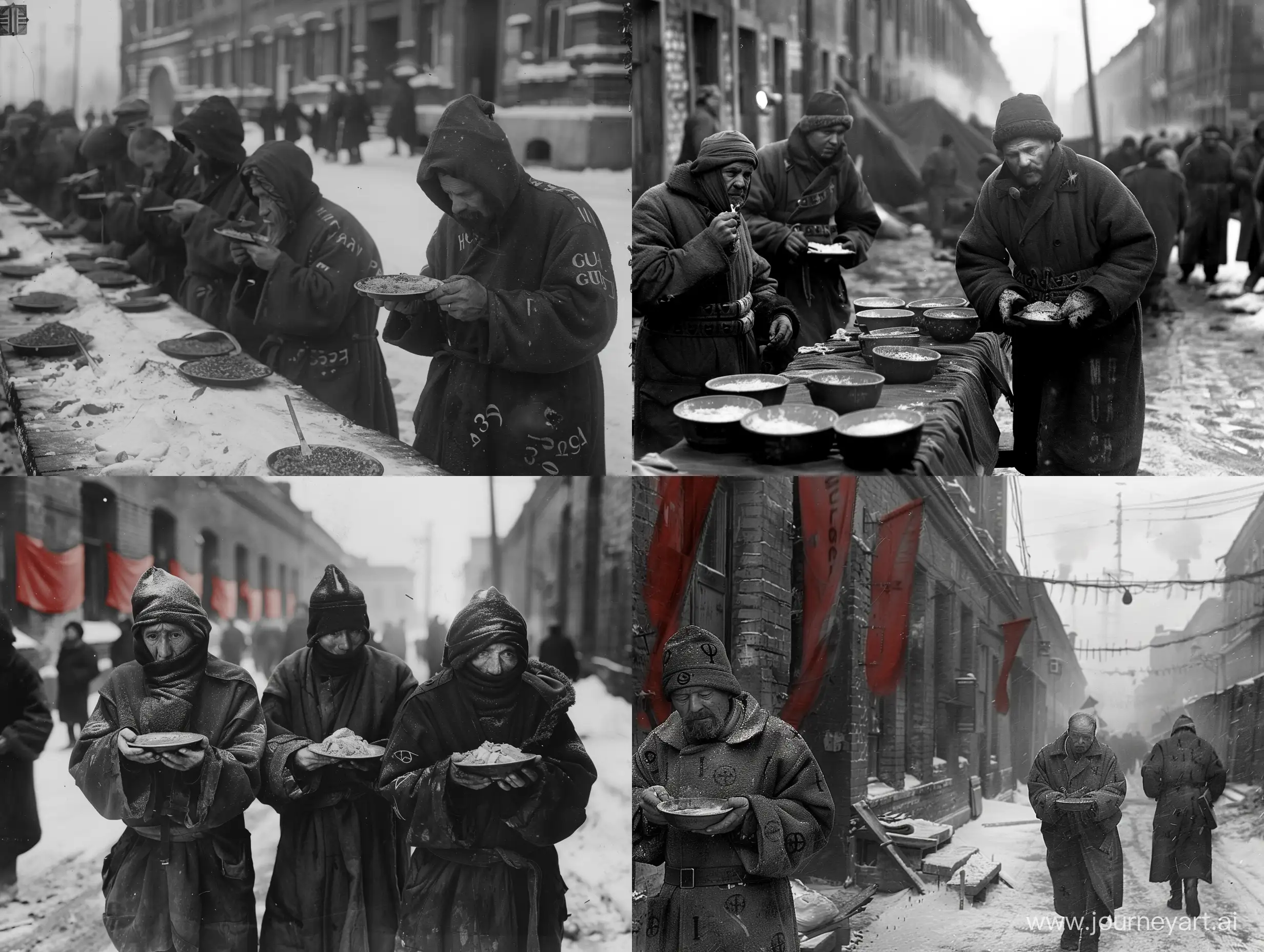 Советские заключённые ГУЛАГа едят паёк и носят заклеймённые робы
На улице холодная краснознамённая весна, действие происходит в СССР 1930-ых, черно-белое фото