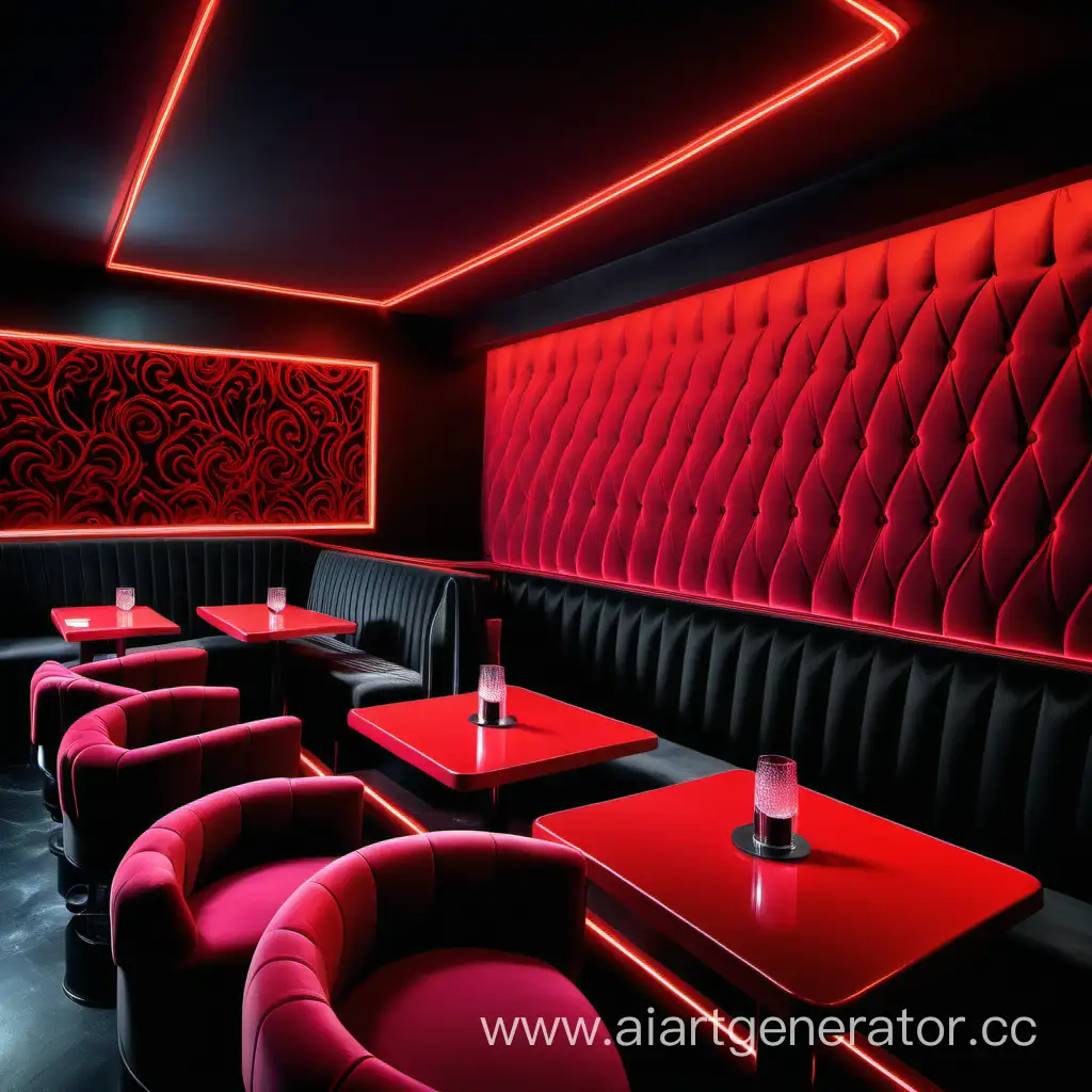 modern nightclub in red neon, black tables and velvet seats